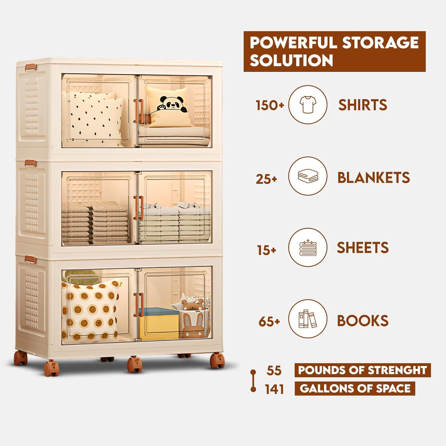 568QT/141Gal 3 Layer Stackable Storage Bins with Lid & Doors - Sensor Lights, Collapsible Storage Bin with 6 Wheels, Plastic Foldable Organizer for Home, Office Use