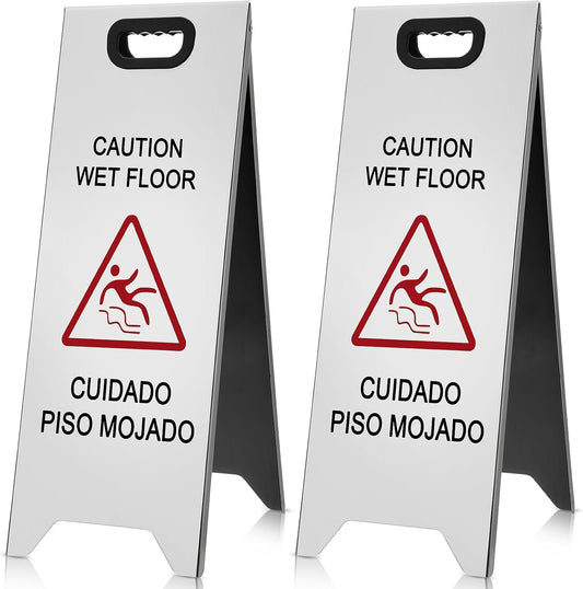 2 Pcs 24 Inch Stainless Steel Wet Floor Sign, Heavy Duty Caution Wet Floor Sign Double Sided Portable Foldable Bilingual Safety Warning for Restaurant Restroom Office Avoid Fall(Silver)