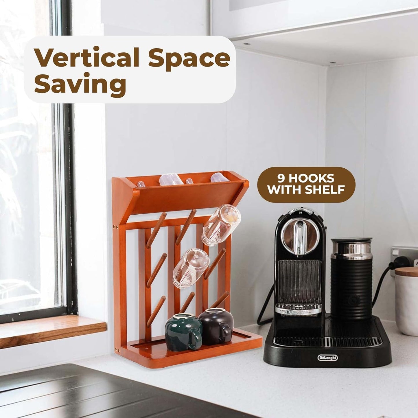 Brown Vertical Bottle Drying Rack Rubber Wood 9 Hooks, Use for Bottles, Cups, Mugs, Glasswine, Space Saving Storage Shelf Bottle Holder Dryer Kitchen