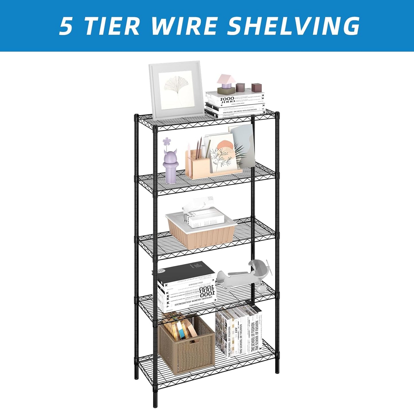 5-Shelf Adjustable Metal Shelf Wire Shelving Unit Storage Rack Display Shelf for Office,Kitchen,Bedroom,Bathroom,Laundry,Pantry Basement,Garage(Black,36" L x 14" W x 72" H)