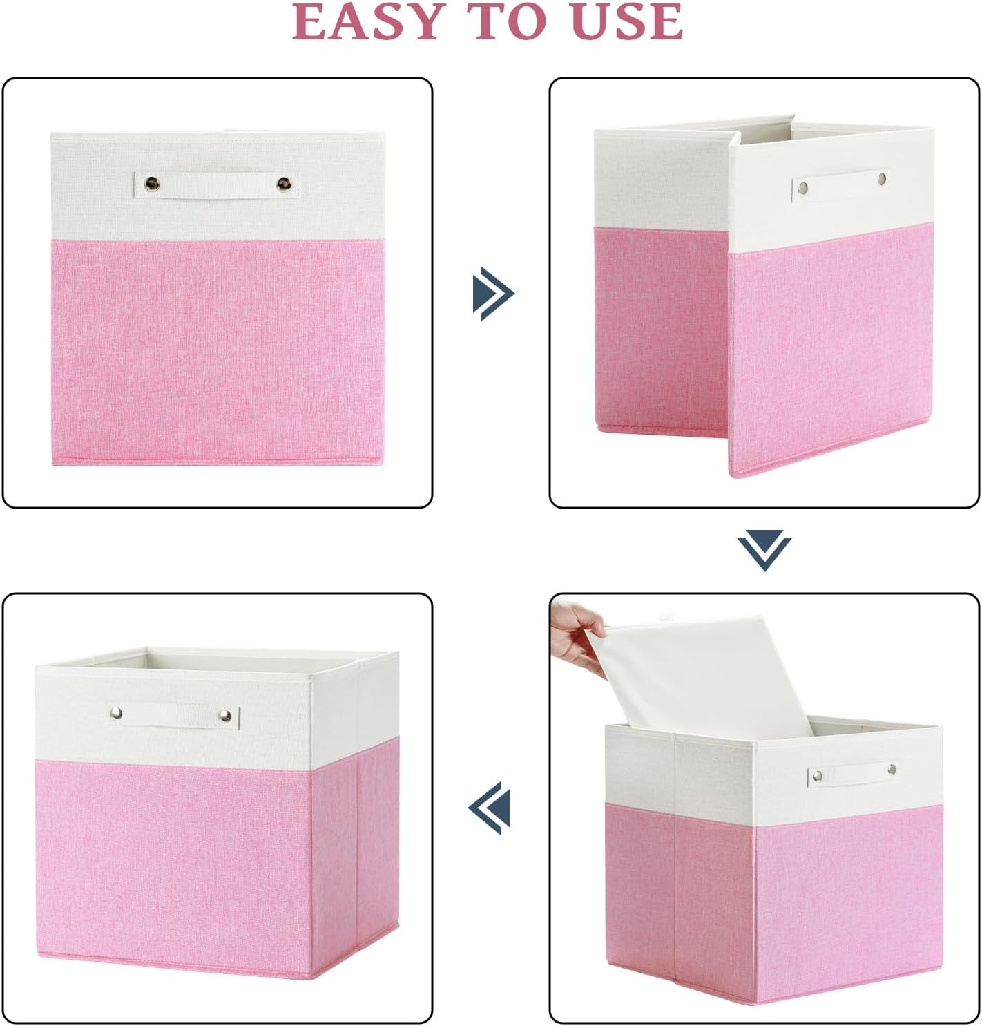 13 x 13 Inch Fine Linen Storage Bins with Handles，Fabric Cube Boxs，Collapsible Basket Organizers for Shelves for Home, Closet Drawers (White/Pink-4 Pack)