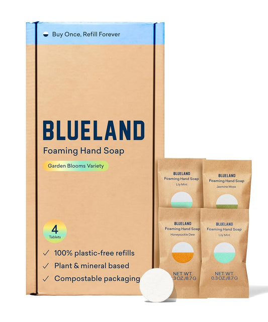 BLUELAND Foaming Hand Soap Refill Tablets, 4-Pack, Garden Blooms Variety Scents, Eco Friendly Cleaning Products, 4 x 9 Fl oz
