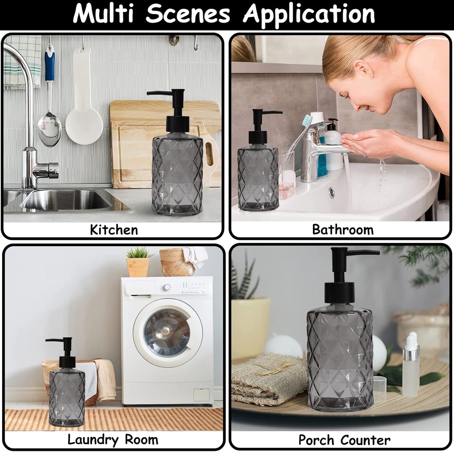 Glass Soap Dispenser with Black Plastic Pump, 12oz Refillable Liquid Hand Soap Dispenser, Crystal Lotion Bottle for Modern Home Decor, Bathroom, Kitchen Countertop, Hotel