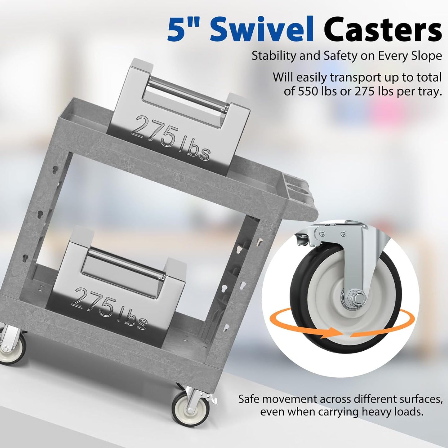 Heavy Duty Rolling Utility Cart with Wheels 2-Tier Utility Plastic Service Work Cart for Shop, Garage, Warehouse, Maintenance 550 lbs