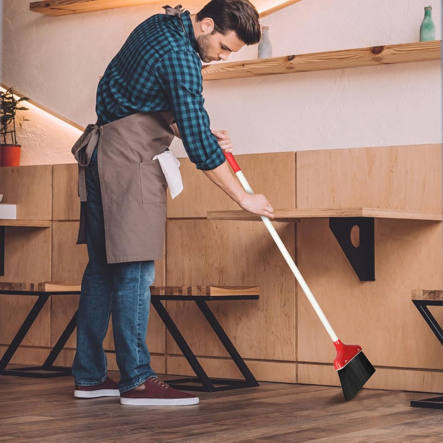 WILLBOND Set of 8 Broom and Dustpan Set Long Handle Broom with Upright Standing Dustpan Broom with Dustpan Combo Set Dust Pan with Long Handle for Lobby Kitchen Office Floor Outdoor Cleaning (Red)