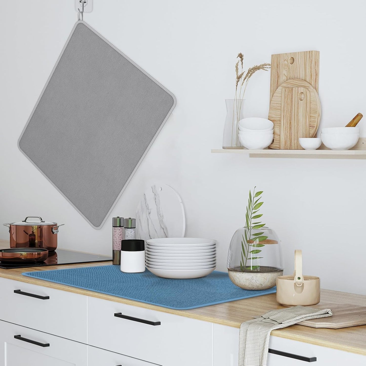 Hushee 2 Pack Extra Large Dish Drying Mat Microfiber Absorbent Dish Drying Pad Large Size Dishes Drainer Mats for Countertop, Sink, Refrigerator or Dryer (30 x 24 Inch,Blue, Gray)