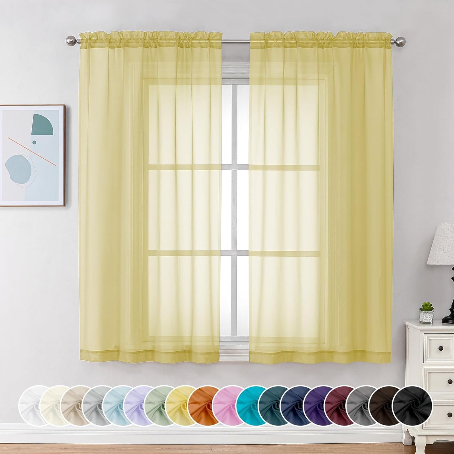 Chyhomenyc Yellow Sheer Curtains 63 Inch Length 2 Panels, Light Filtering Airy Rod Pocket Window Curtain Treatment Drapes for Bedroom Living, Each 42Wx63L Inches