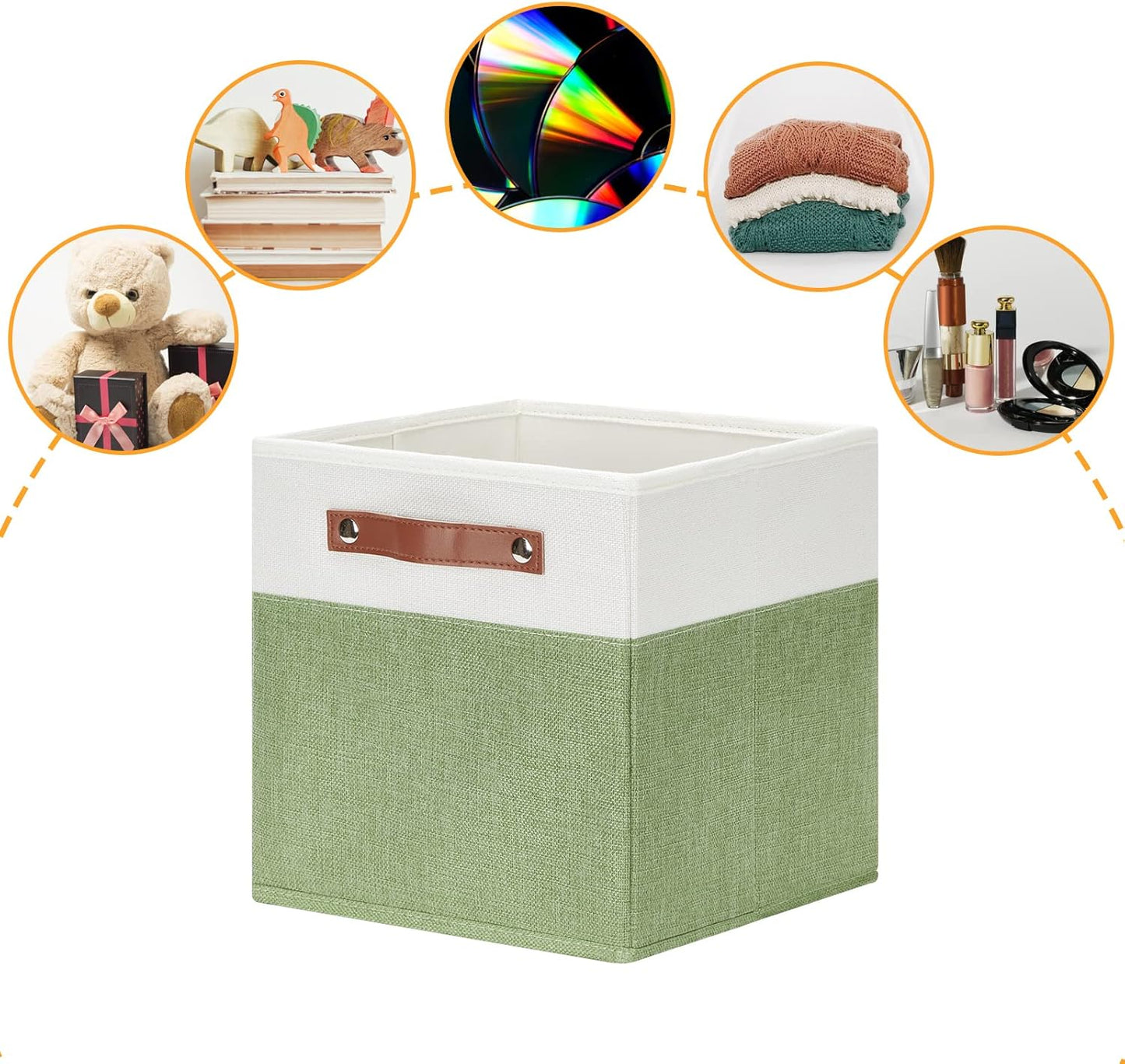 DULLEMELO 11x11 Cube Fabric Organizer Storage Bins for Shelf, Toy Square Green Bins, Kids Clothes Closet Baskets Storage, for Bedroom, Living Room, Dorm(White&Green-4 Pack)