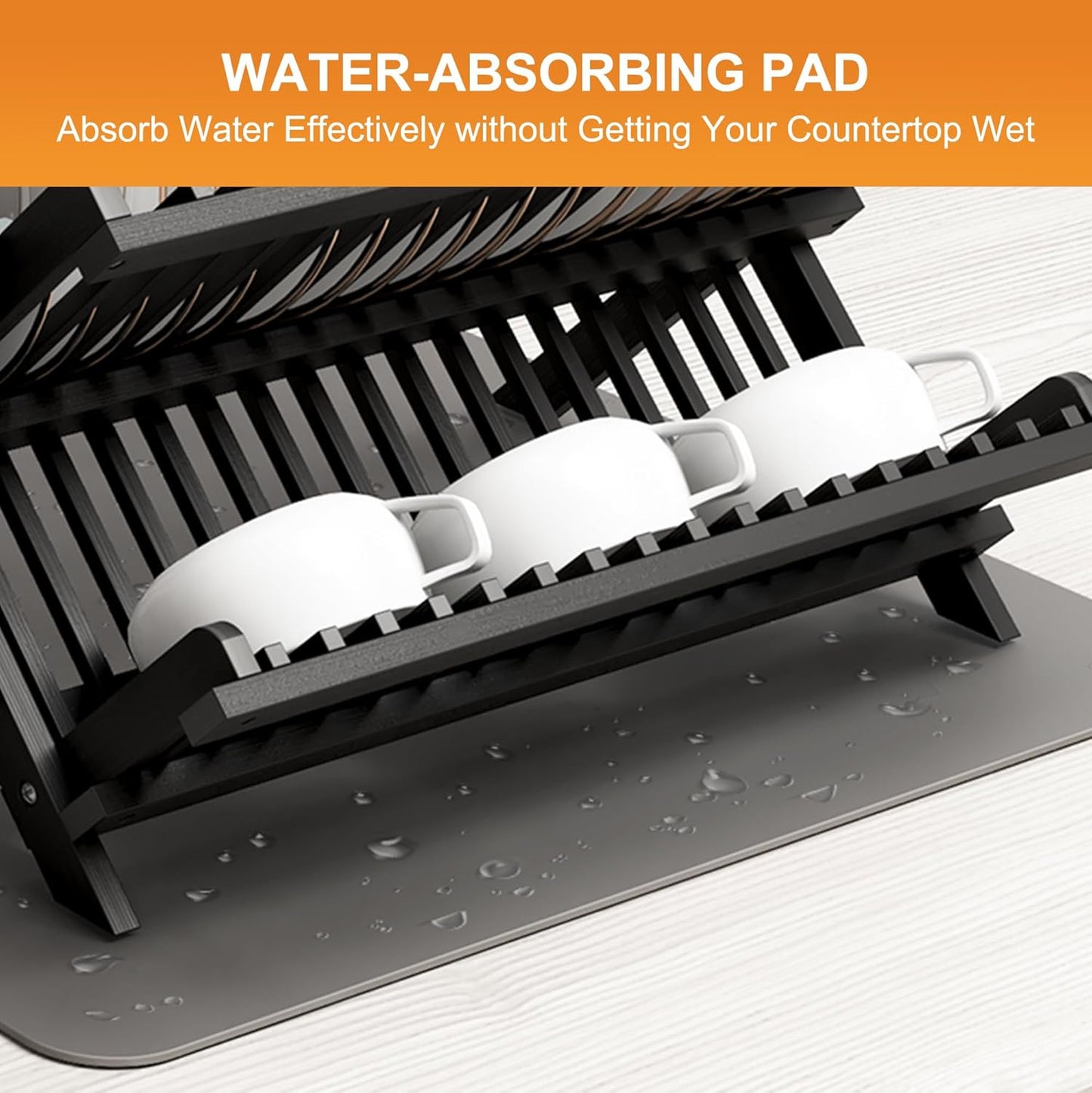 Greenual Black Bamboo Dish Drying Rack with Utensil Holder, 3 Tier Collapsible Dish Rack, Wooden Dish Racks for Kitchen Counter, Large Folding Drying Holder with Absorbent Dish Drying Mat