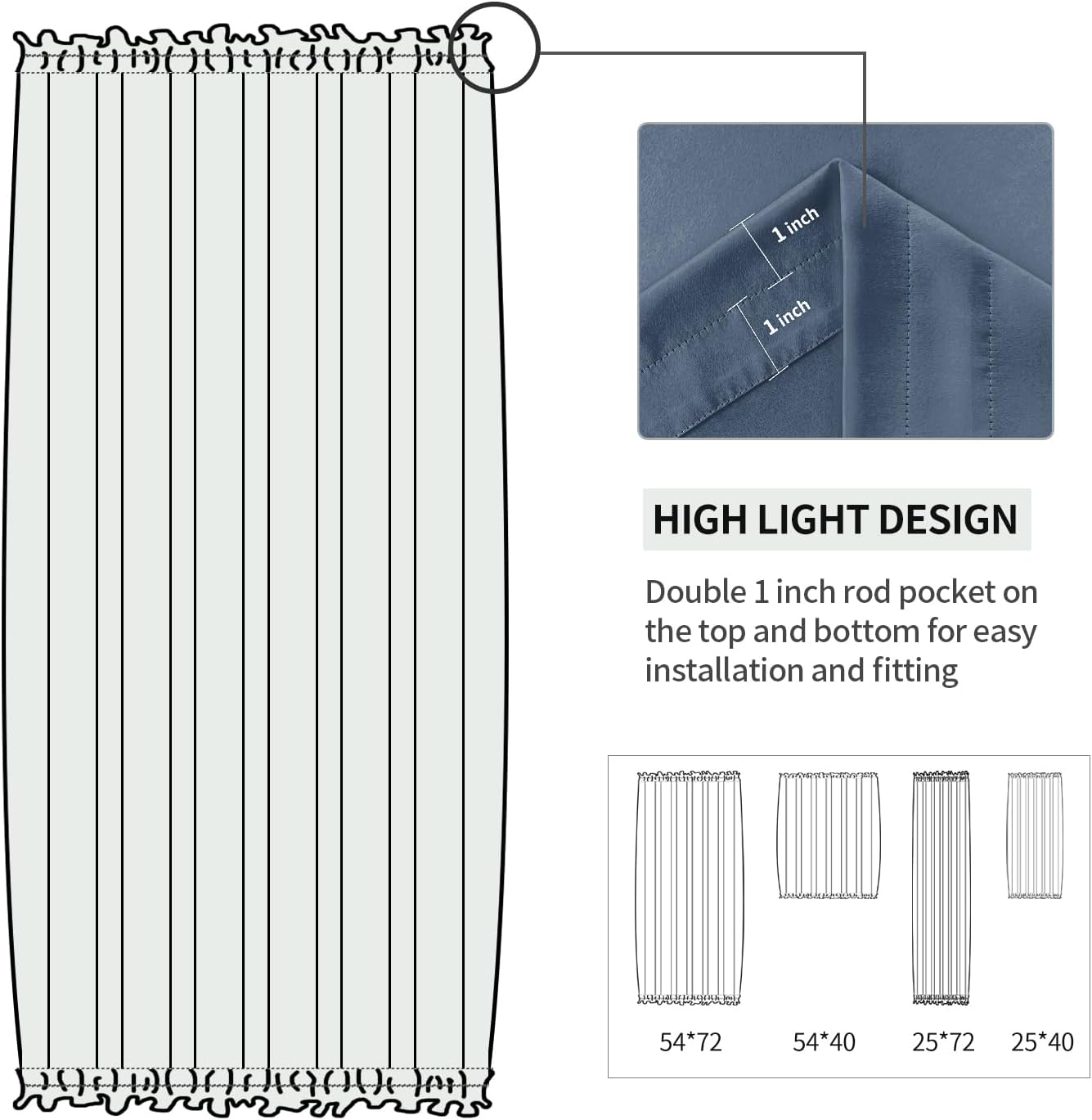 DWCN French Door Curtains – Rod Pocket Thermal Blackout Curtain for Window/Patio Doors/Doorways/Classroom/Kitchen for Privacy, 54W by 40L Inches, 1 Panel with Tieback, Dusty Blue