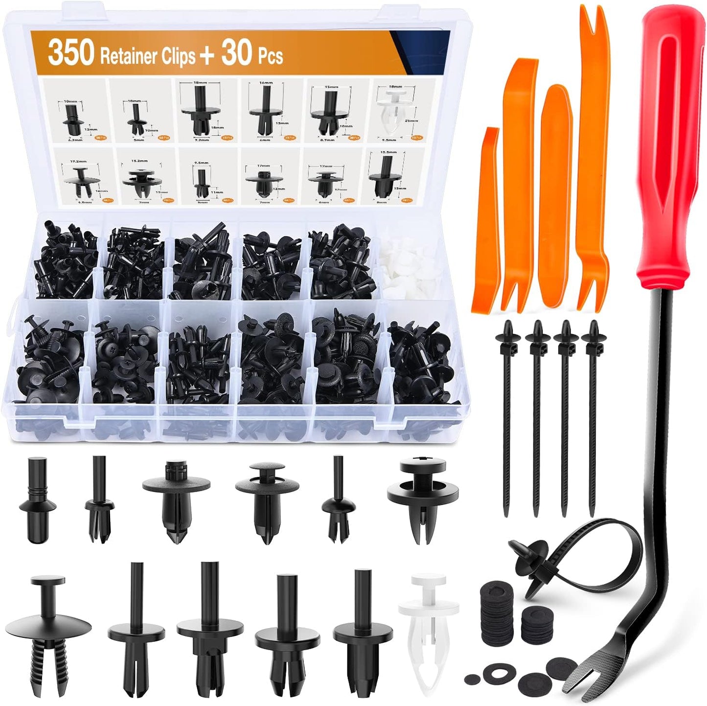 GOOACC 380Pcs Car Automotive Plastic, Metal, Nylon Push Pin Rivet with Fastener Remover Trim Clip Panel Body Interior Assortment Retainer Assortment Clips, (GRC-97),Black