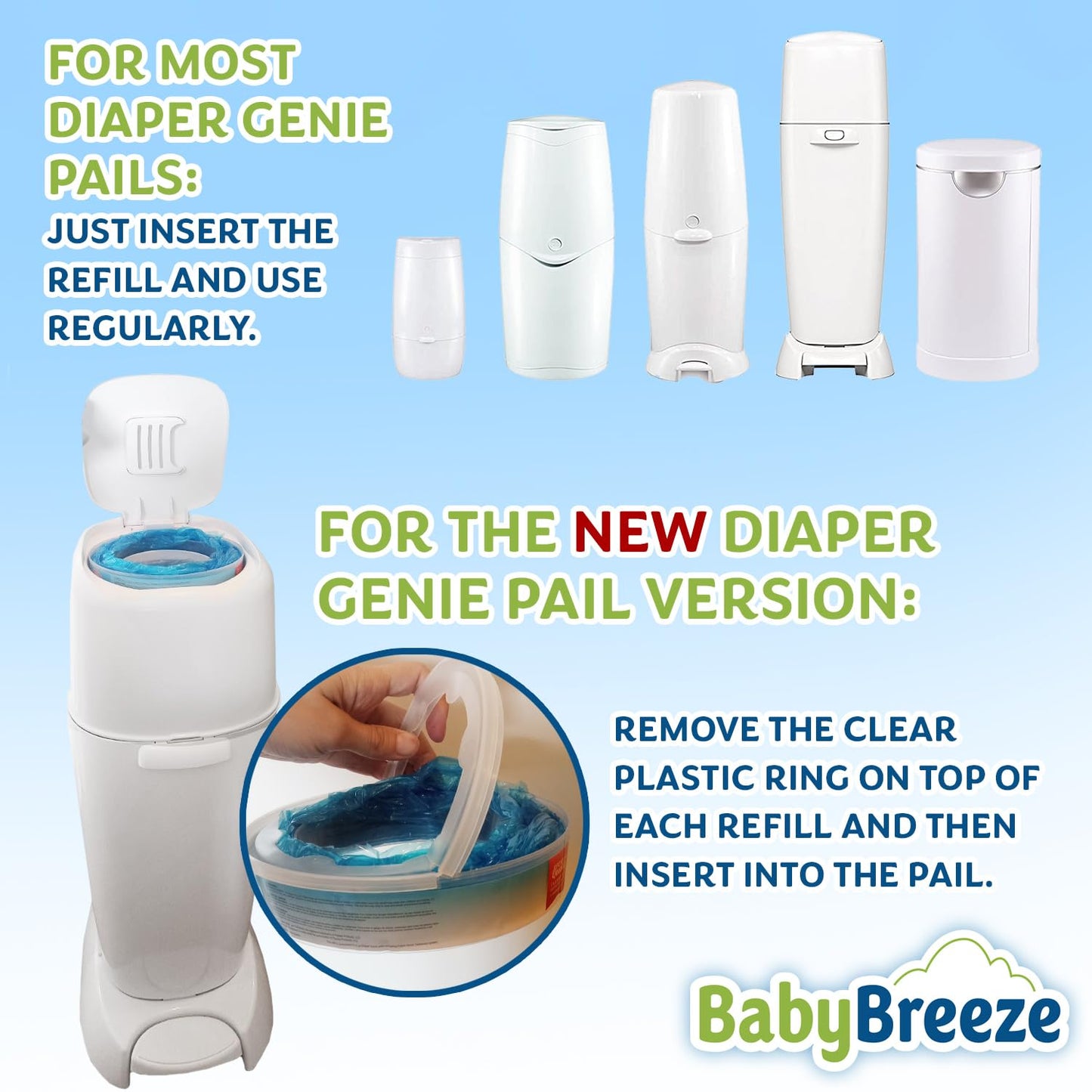 BabyBreeze Diaper Pail Refill Bags Compatible with Playtex Diaper Genie Pails Odor Absorbing Diaper Disposal Trash Bags - 2240 Count (8-Pack)