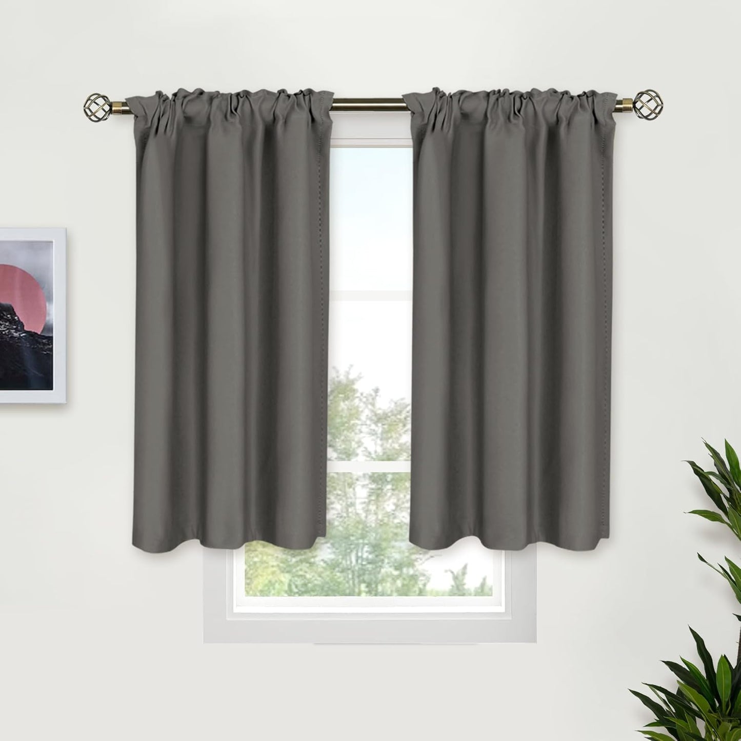 BGment Short Blackout Curtains 45 Inches Length for Bedroom - Rod Pocket Thermal Insulated Room Darkening Window Curtain for Kitchen Cafe, 34 x 45 Inch, 2 Panels, Grey
