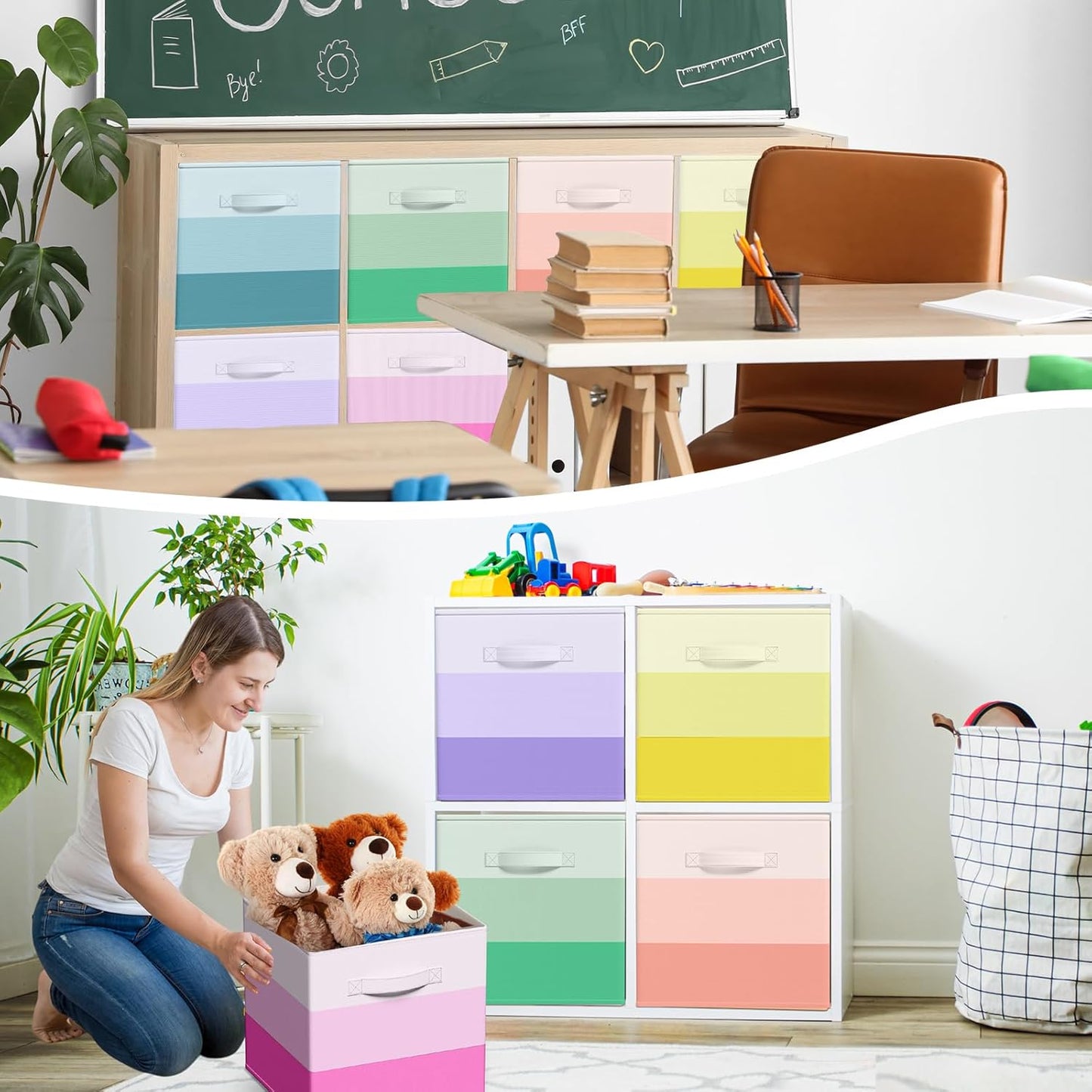 6 Pcs Fabric Storage Cubes Bins with Metal Handle 11 Inch Macaron Colored Striped Style Collapsible Bins Cube Storage Organizer for Clothes Books Kids Room Closet and Toys