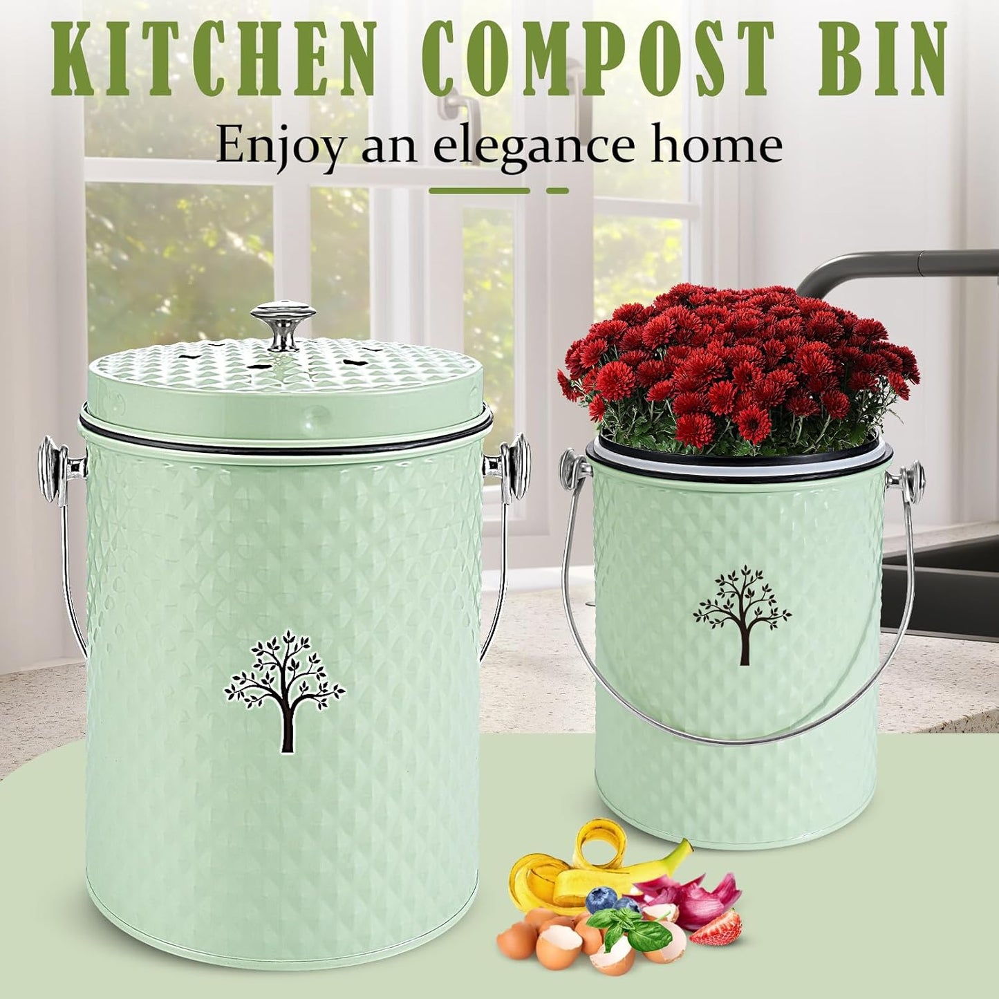 AOSION Countertop Compost Bin Kitchen，Odorless Indoor Compost Bin with Lid and Compost Bags,Compost Bucket Composter Container for Food Waste,Green
