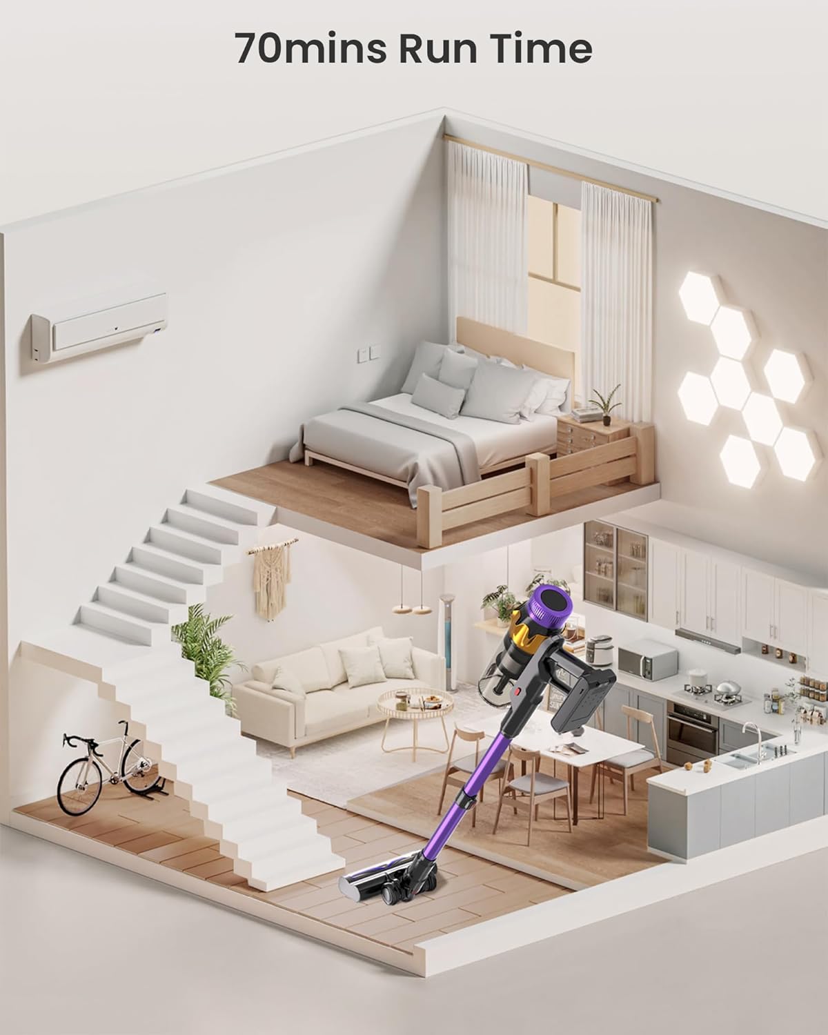 Cordless Vacuum Cleaner, 580W 48KPA 70 Mins Vacuum Cleaners for Home, Self-Standing Cordless Vacuum with Charging Dock Station, LED Display, Upgraded Anti-Tangle Stick Vacuum for Pet Hair/Carpet/Floor