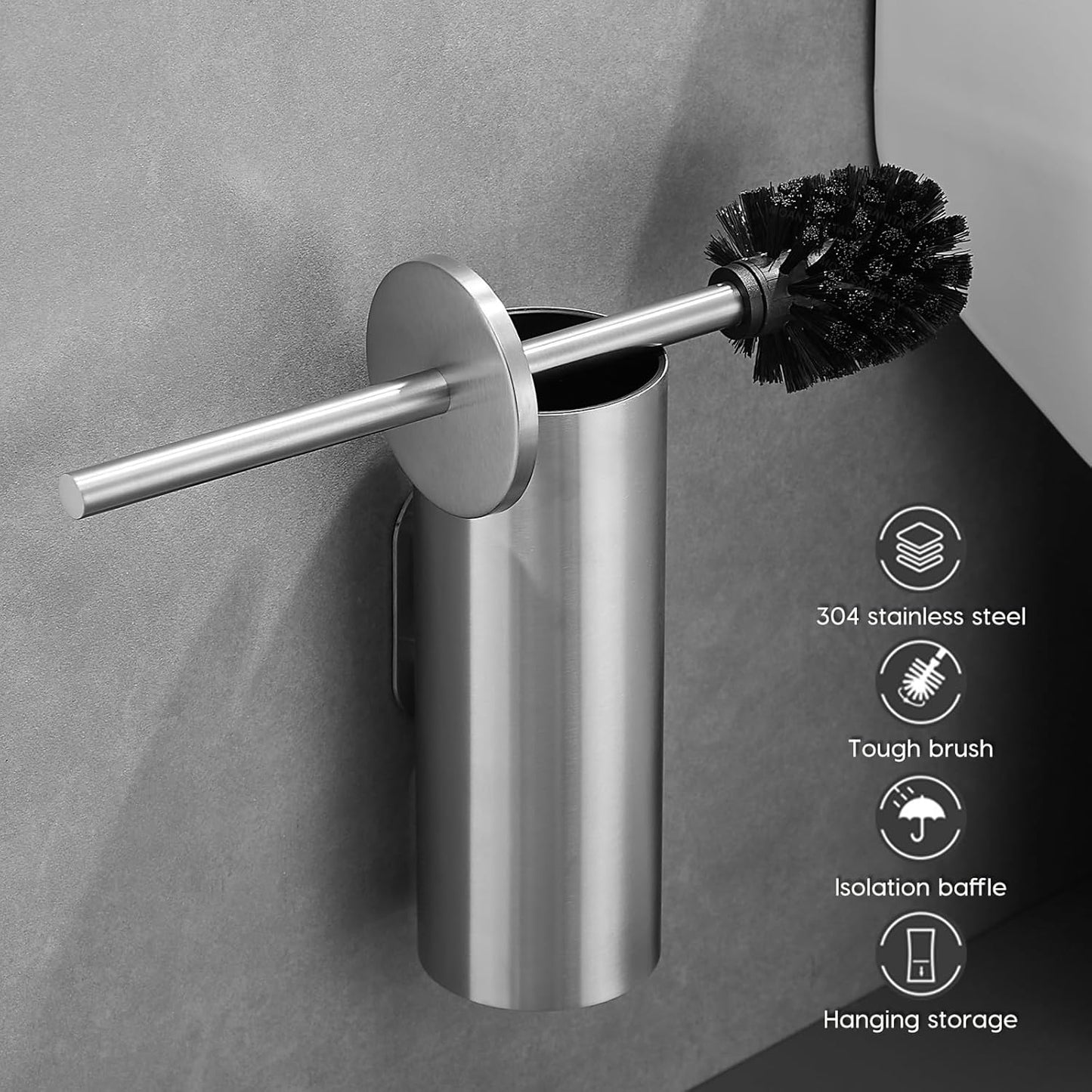 Brushed Stainless Steel Toilet Brush and Cover, No-Punch Hook Base Dual Purpose Toilet Brush Holder with Removable Inner Bucket and Splash Cover - Soft Bristles (Brushed)