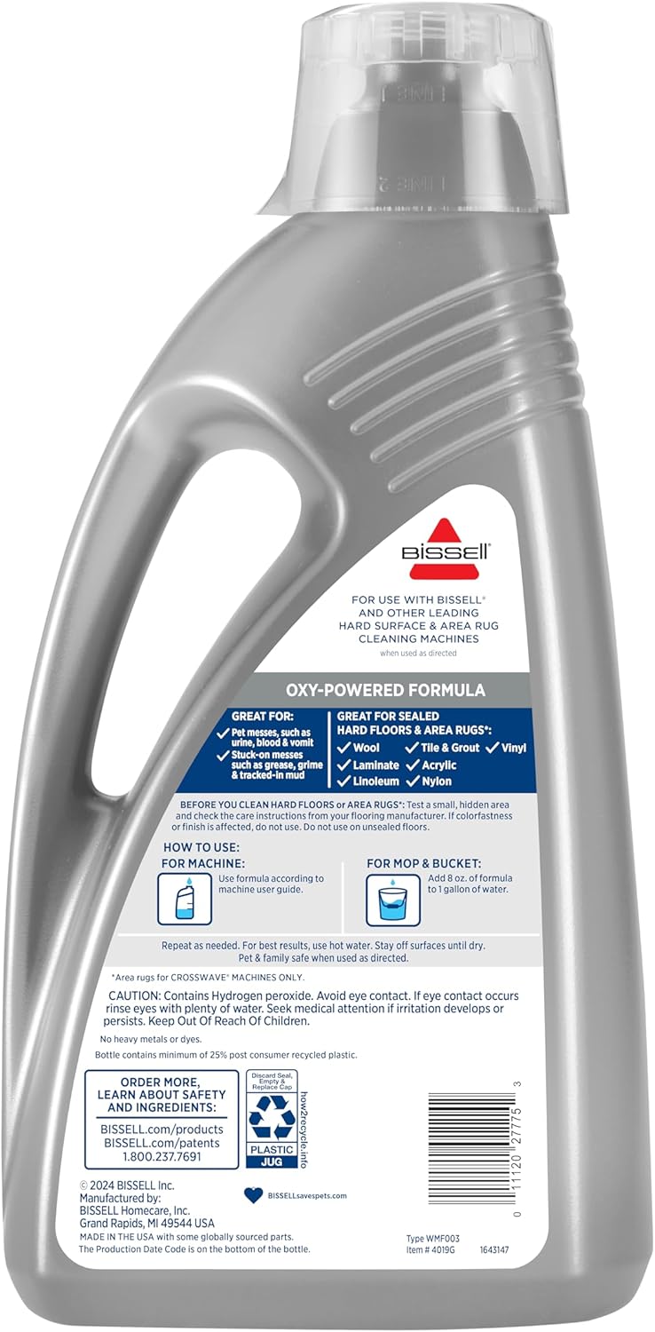 Bissell CrossWave PET PRO OXY Multi-Surface Formula, 4019G, 80 oz, Removes Stuck-On Stains like Dirt, Grease, and Grime from Sealed Hard Floors and Grout, Patented Odor Elimation Technology