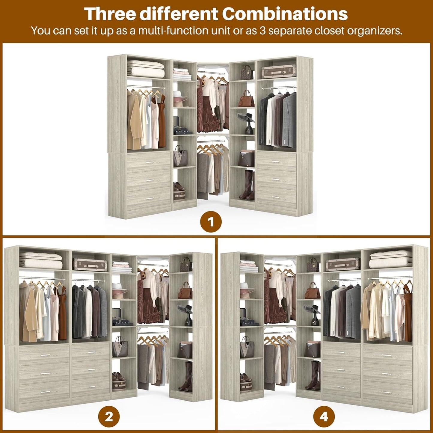 Corner Closet System with 6 Drawers, Closet Organizer System with 14 Shelves & 4 Hanging Rods, 87.2"L * 39.2"W / 63.2"L * 63.2"W Reversible L Shaped Walk-in Closets, Load 2500+LBS, White Oak