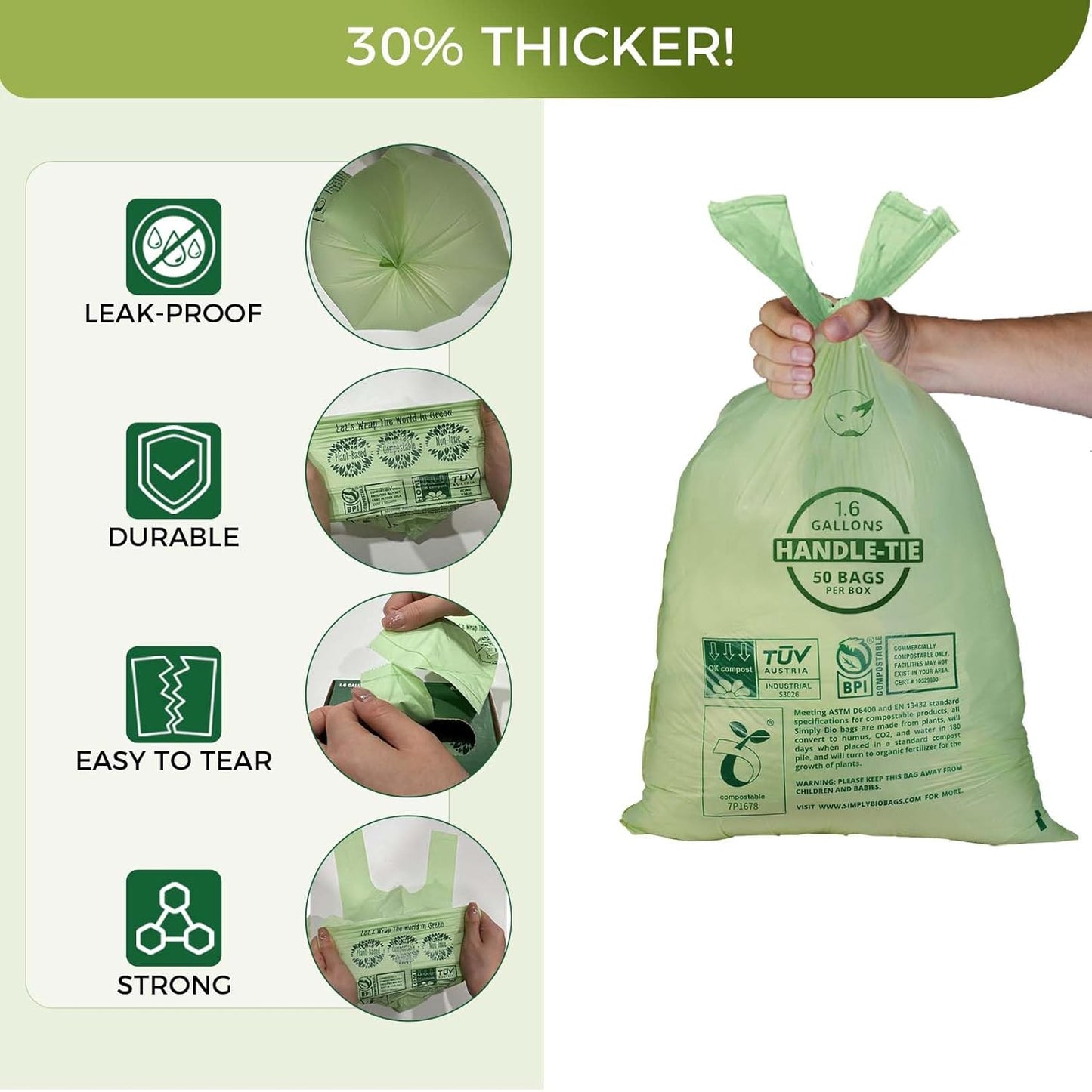 1.6 Gallon Compostable Trash Bags Drawstring, Heavy Duty Extra Thick 0.6 Mil, 6.06 Liter, 50 Bags, Small Kitchen Food Scrap Waste Bag, Unscented Pet Waste Bags, US BPI and OK Compost Home Certified