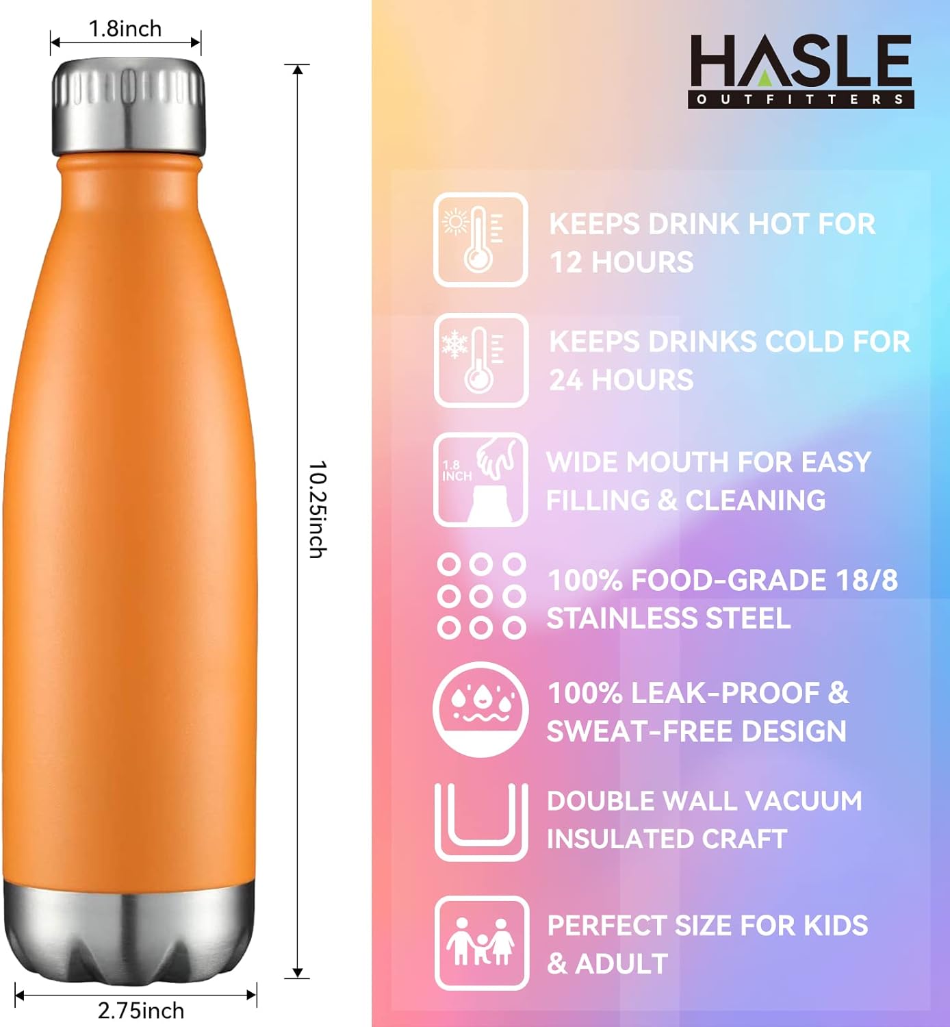 HASLE OUTFITTERS 17oz Stainless Steel Water Bottles, Vacuum Insulated Water Bottles Double Walled Powder Coated Reusable Metal Sports Water Bottles Keep Drinks Hot and Cold, Orange, 1Pack