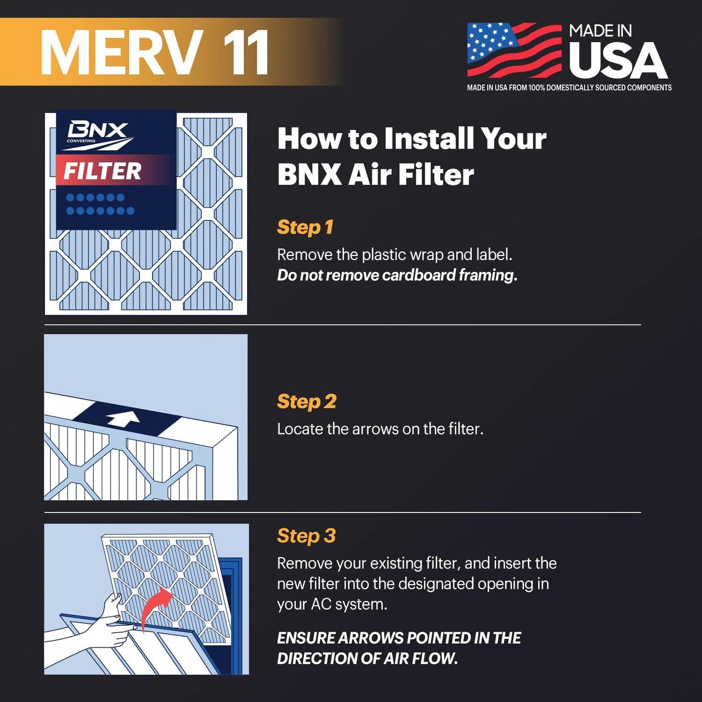 BNX TruFilter 16x20x1 Air Filter MERV 11 (6-Pack) - MADE IN USA - Allergen Defense Electrostatic Pleated Air Conditioner HVAC AC Furnace Filters for Allergies, Dust, Pet, Smoke, Allergy MPR 1200 FPR 7