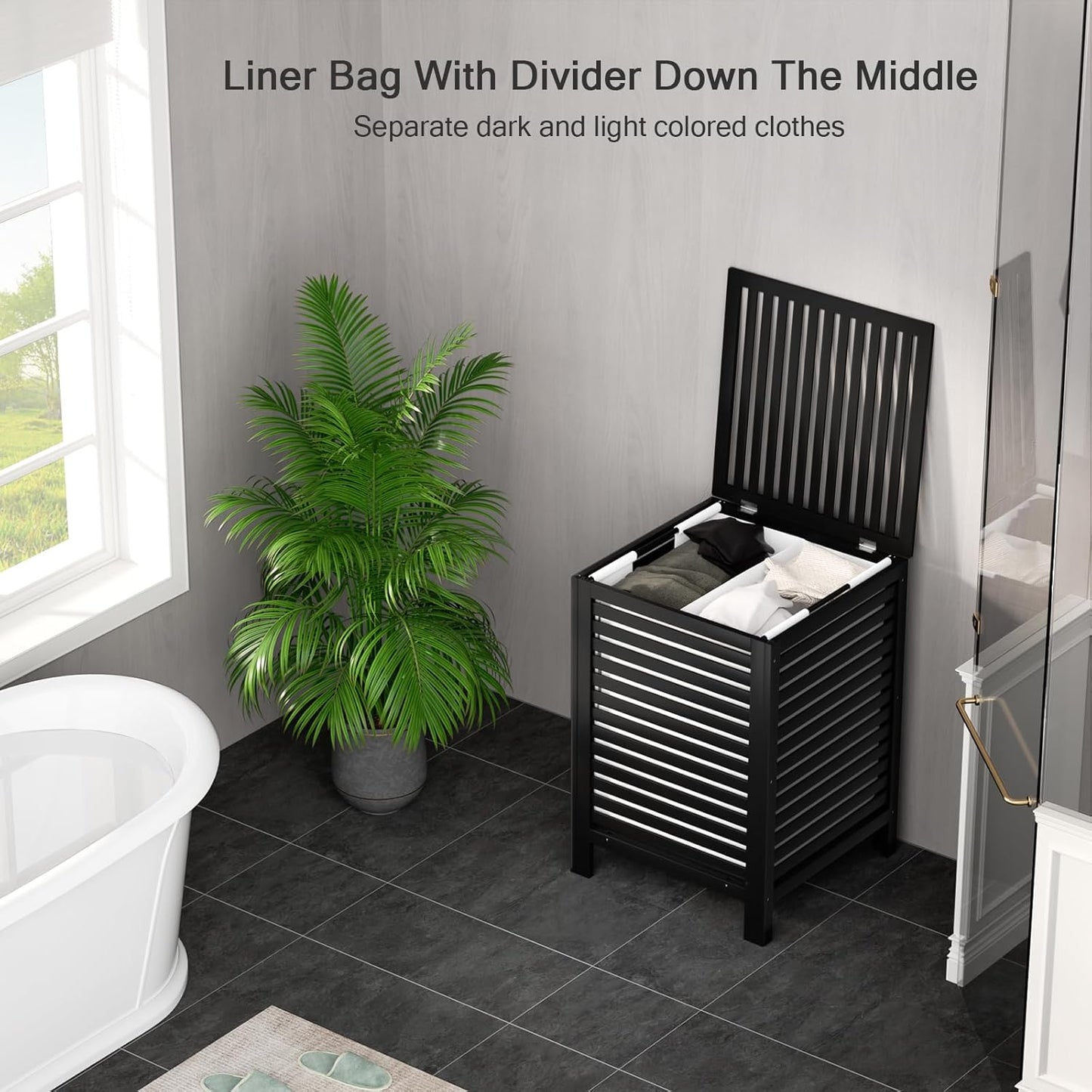 Homykic Bamboo Laundry Hamper with Lid, 120L Large Clothes Laundry Sorter with Removable 2-Section Liner Bag, Raised Laundry Basket Organizer for Clothing, Bathroom, Bedroom, Laundry Room, Black