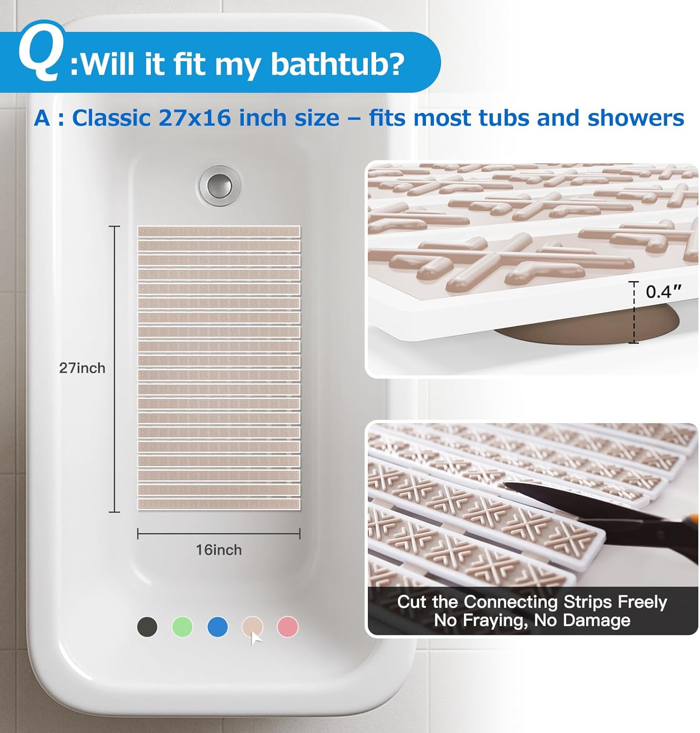 Matace Non Slip Rubber Bathtub & Shower Mat with Suction Cups, Thick Textured Surface, Fast Drain and Upright Drying Design, No Pooling Water for Better Hygiene, 27 x 16 Inch, Beige