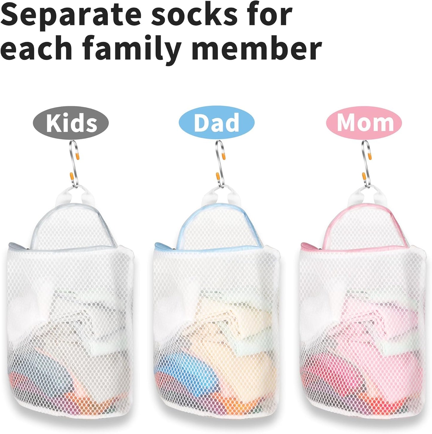 3Pcs Hanging Laundry Bags for Socks with S Hooks, 12 X 10 inch 3 Color Mesh Laundry Bags for Washing Machine