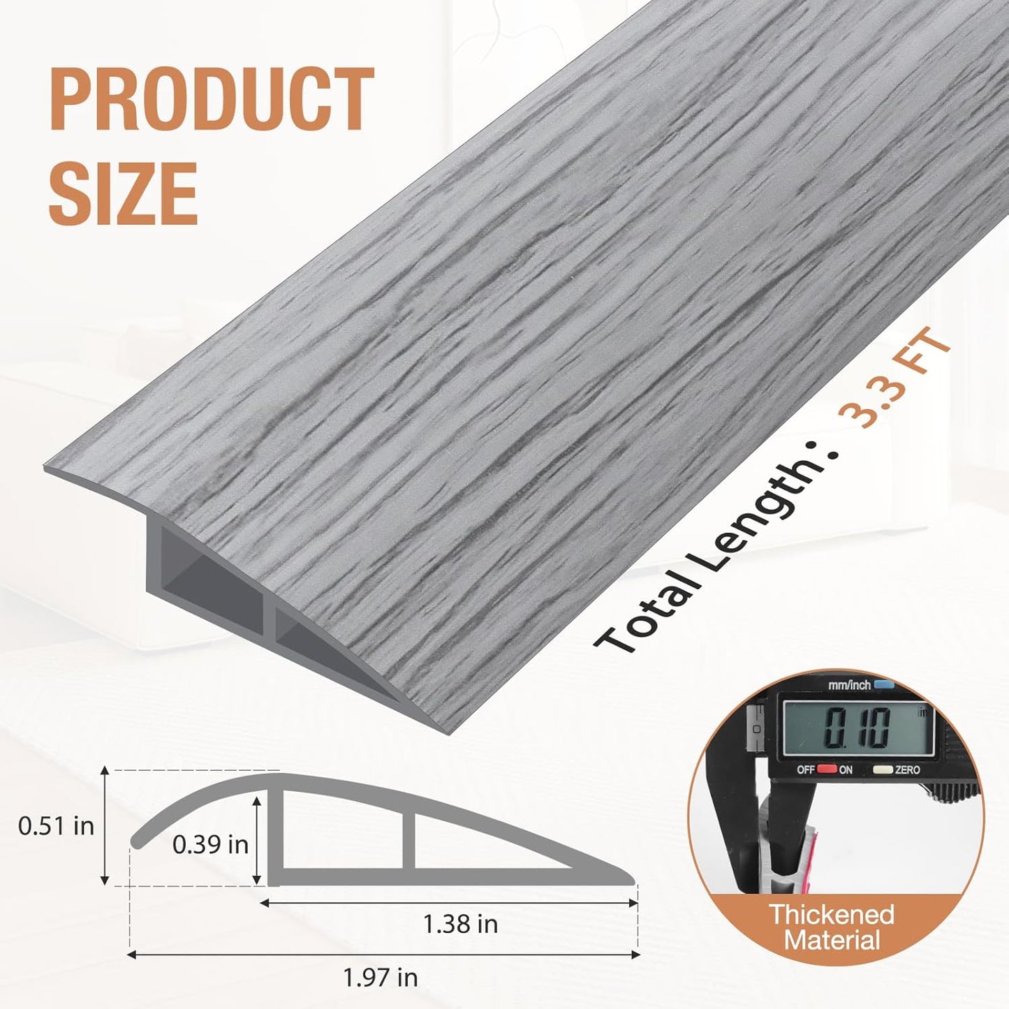 Floor Transition Strip Self Adhesive Vinyl Door Threshold for Doorways Carpet Edging Trim Overlap Edge Reducer for Laminate Floor, Carpet, Tile (Light Gray Wood Grain, 1/5" to 2/5", 3.3Ft)