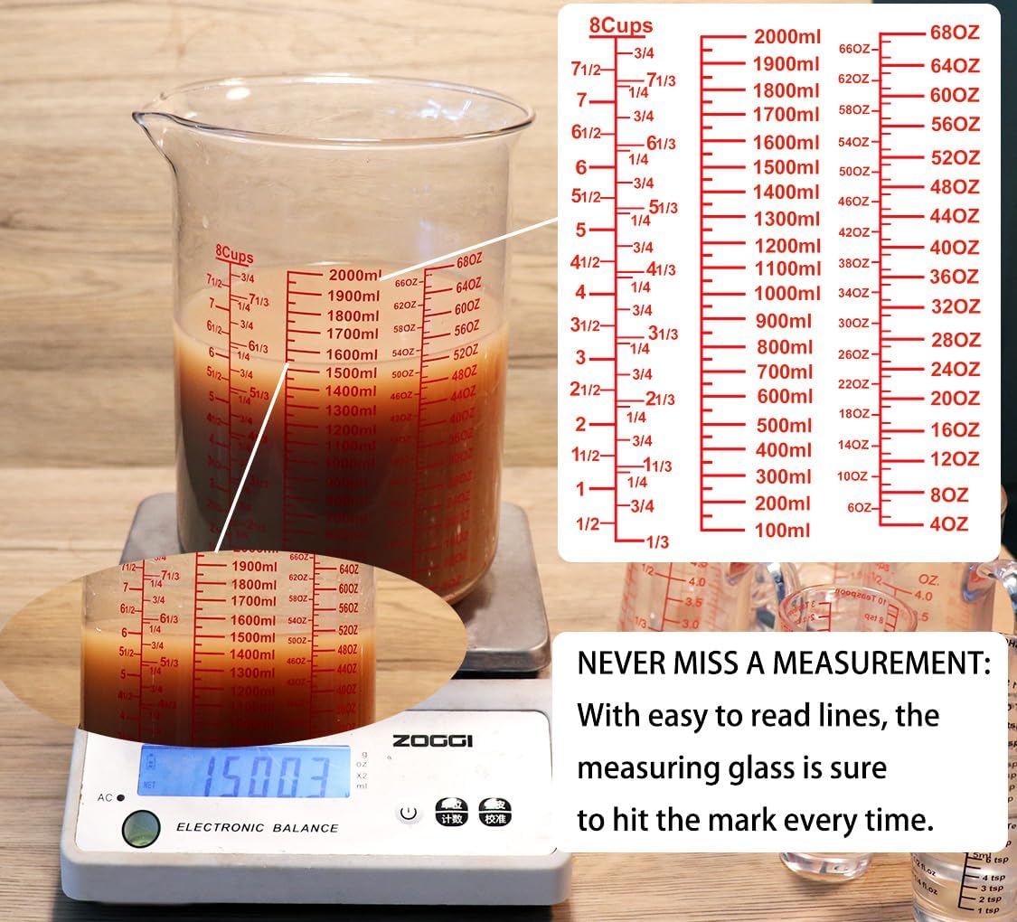 High Borosilicate Glass Measuring Cup-V-Shaped Spout，Glass Measuring Beaker for Kitchen or Restaurant, Easy to Read, 2000 ML (64 Oz, 8Cup)