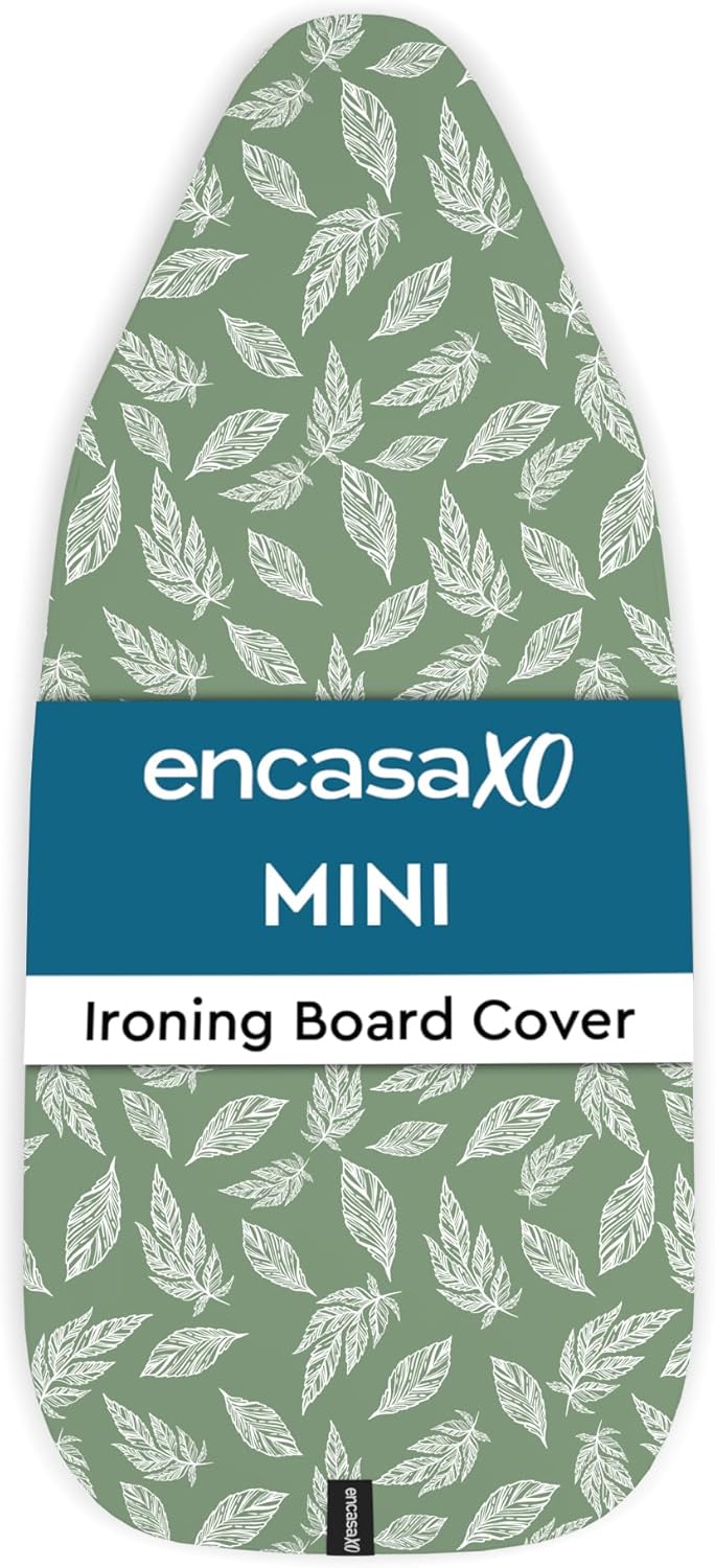 Encasa XO Ironing Board Cover and Pad 28"x12" - Thick 3mm Felt Padding, Drawstring Tightening & Lock, Easy Fit, Scorch & Stain Resistant, Fits Mini Ironing Board - Big Leaves Green
