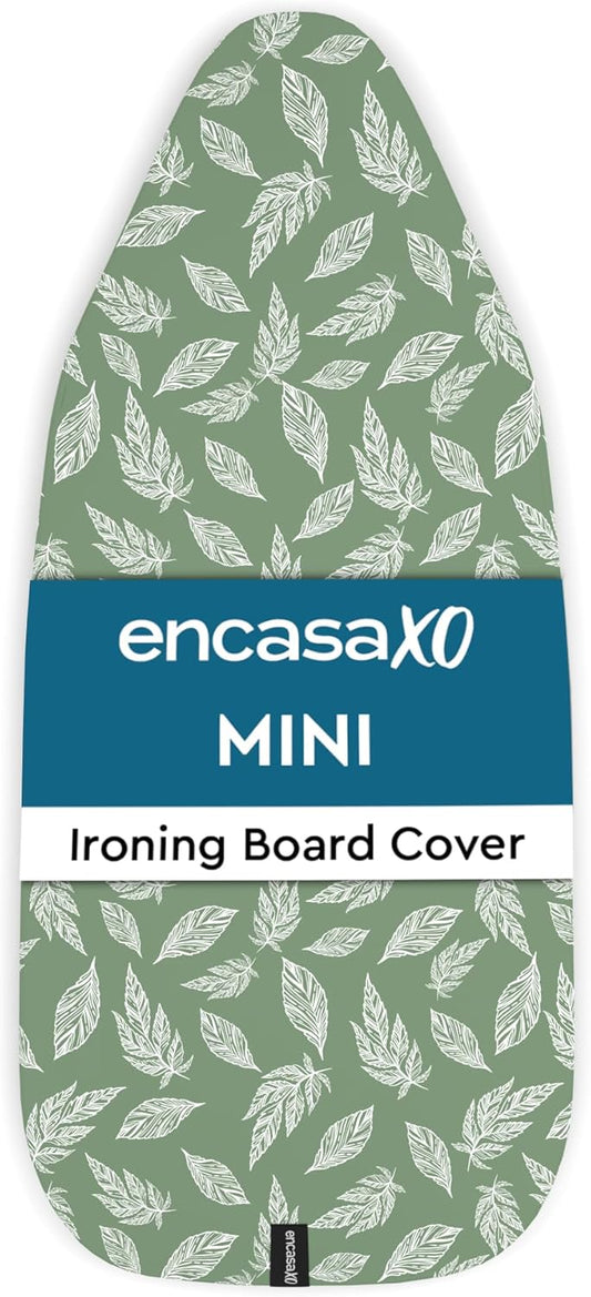 Encasa XO Ironing Board Cover and Pad 28"x12" - Thick 3mm Felt Padding, Drawstring Tightening & Lock, Easy Fit, Scorch & Stain Resistant, Fits Mini Ironing Board - Big Leaves Green