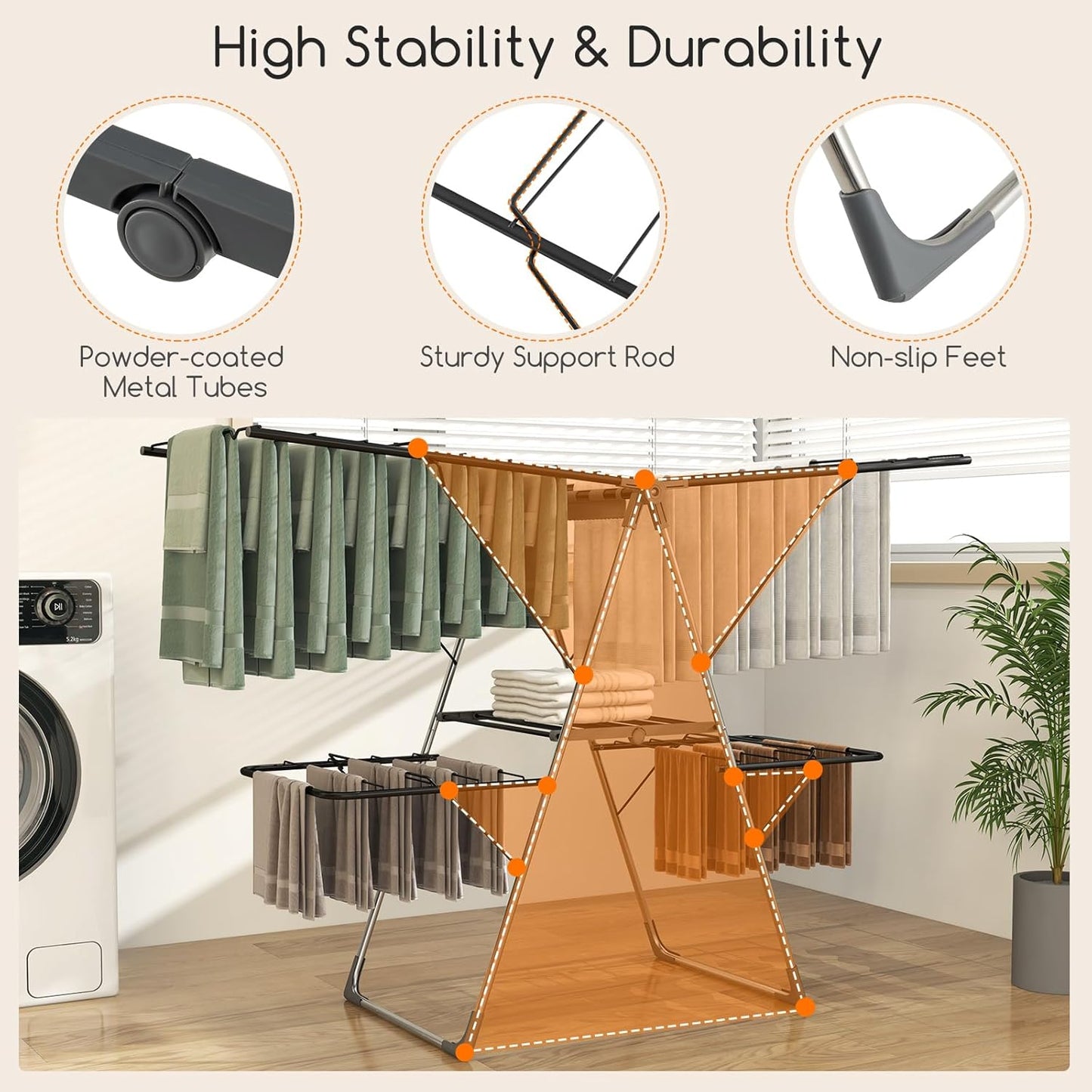 Giantex Clothes Drying Rack, Foldable Laundry Drying Rack with 33 Drying Rails, 3-Level Adjustable Height, Versatile Clips, Wave-Shaped Bars, Collapsible Freestanding Airer for Indoor Outdoor