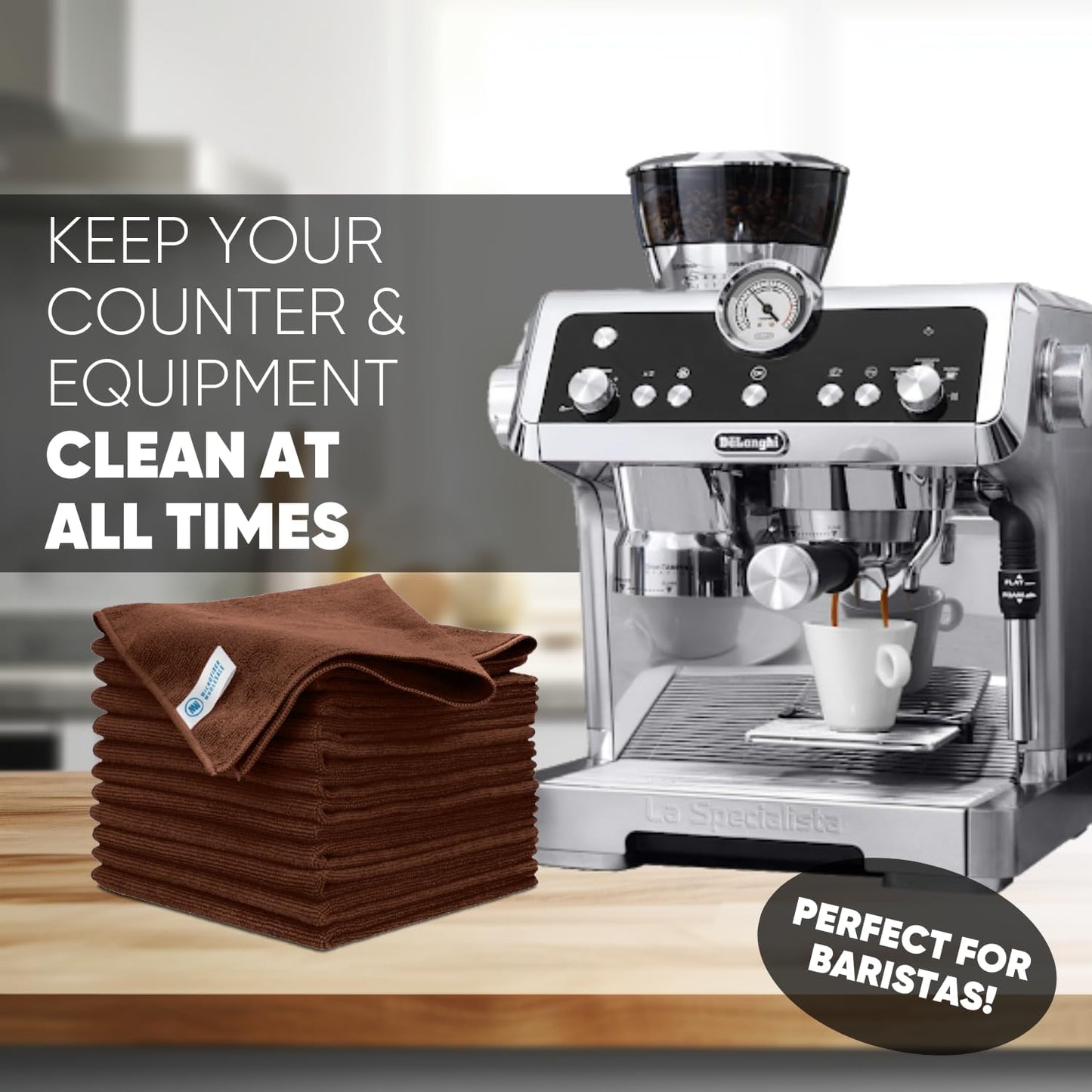 MW Pro Microfiber Cleaning Cloth | Brown | 12 Pack | 16” x 16” | Coffee, Barista, Espresso Towels - Clean, Dust, Polish, Scrub, Absorbent