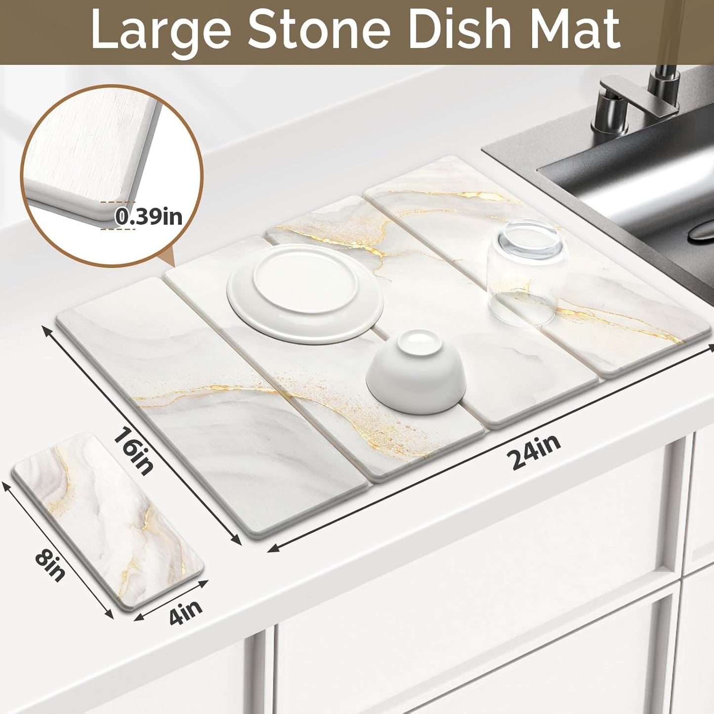 2 PCS Large Stone Dish Drying Mat for Kitchen Counter Quick Dry Stone Dishes Mats Marbled Water Absorbing Diatomaceous Earth Drying Pad for Countertop Bottles Utensils Cups (Gold White 24"x16"&8"x4")