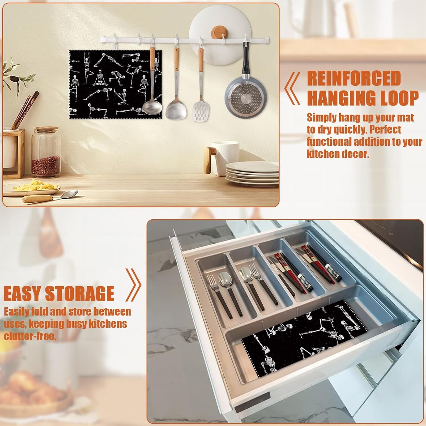 Funny Skull Yoga Dish Drying Mat for Kitchen Counter Microfiber Absorbent Dish Kitchen Drying Mat Draining Reusable Washable for Dishes/Utensils/Counterto