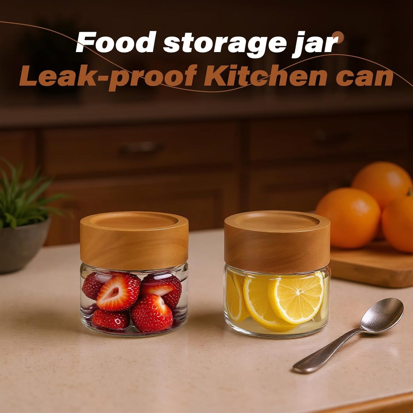 2-Pack 4 oz Leakproof Mason Jars with Airtight Acacia Wood Lids - Small Glass Food Storage Containers for Overnight Oats, Spices, Snacks, Kitchen Pantry Organization