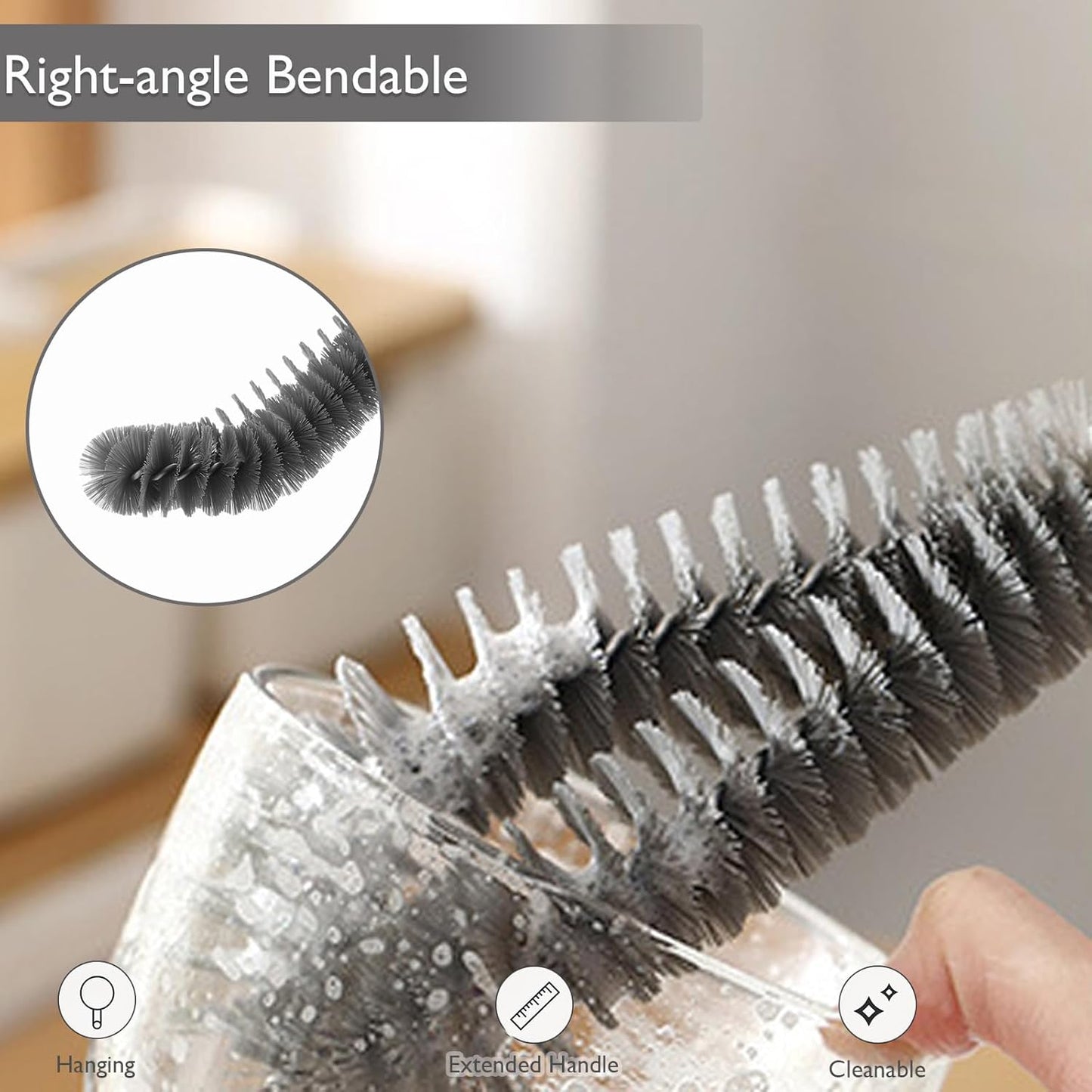 2-Pack 16 inches Long Handle Bottle Cleaning Brushes - Ideal for Coffee Glasses, Pots, Milk Cups, Mugs, Wine Bottles, and Baby Bottles (Black)