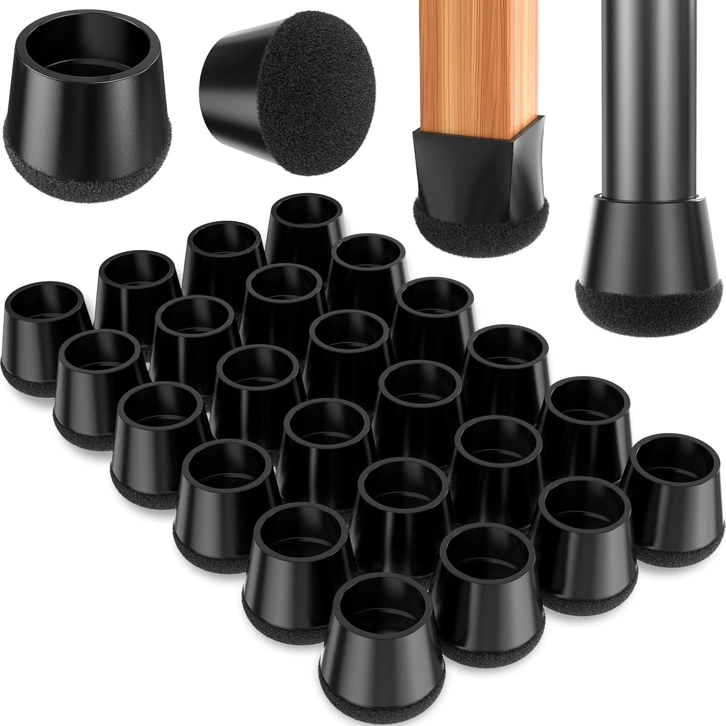 Chair Leg Floor Protectors Large 24Pcs,Silicone Chair Leg Protectors for Hardwood Floors/Tiles,360°Wrapped Felt Bottom to Prevent Scratch and Reduce Noise, Round Black