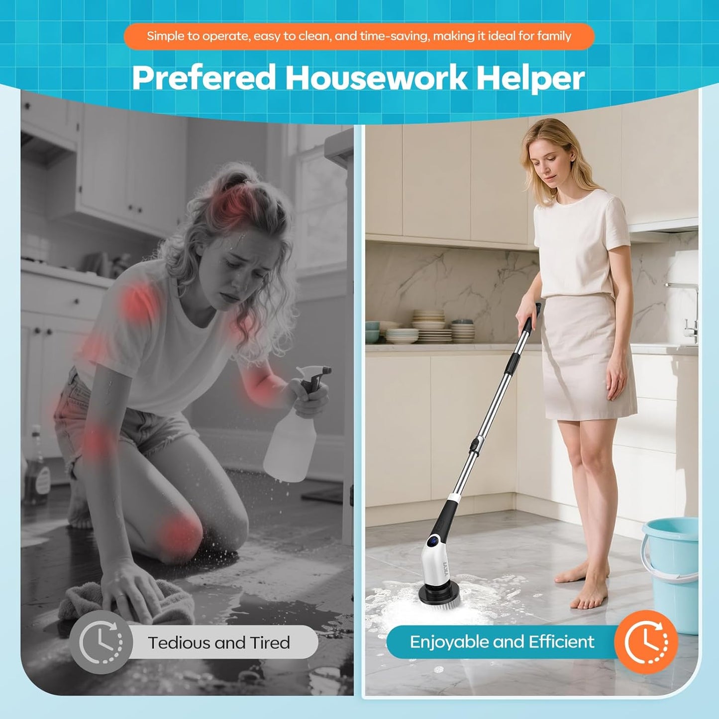 YKYI Electric Spin Scrubber,Cordless Cleaning Brush,Shower Cleaning Brush with 8 Replaceable Brush Heads,Power Scrubber 3 Adjustable Speeds,Adjustable & Detachable Long Handle,Voice Broadcast