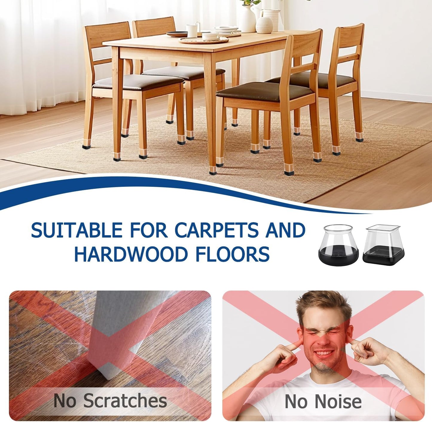 28 Pcs Chair Leg Sliders for Carpet, Square Chair Leg Floor Protectors Glides, Silicone Furniture Leg Protectors Caps, Carpet Protectors Table Feet Teflon Covers Pads (Fit:1-1/8" ~ 1-1/2")