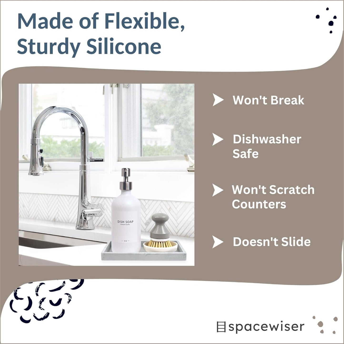 Countertop and Vanity Tray - Small 7.7” Silicone Tray for Soap Dispenser Bottles, Sponge Holder for Kitchen Sink Caddy Organizer, Bathroom Trays, Dish Soap Holder for Kitchen Counter, Keys