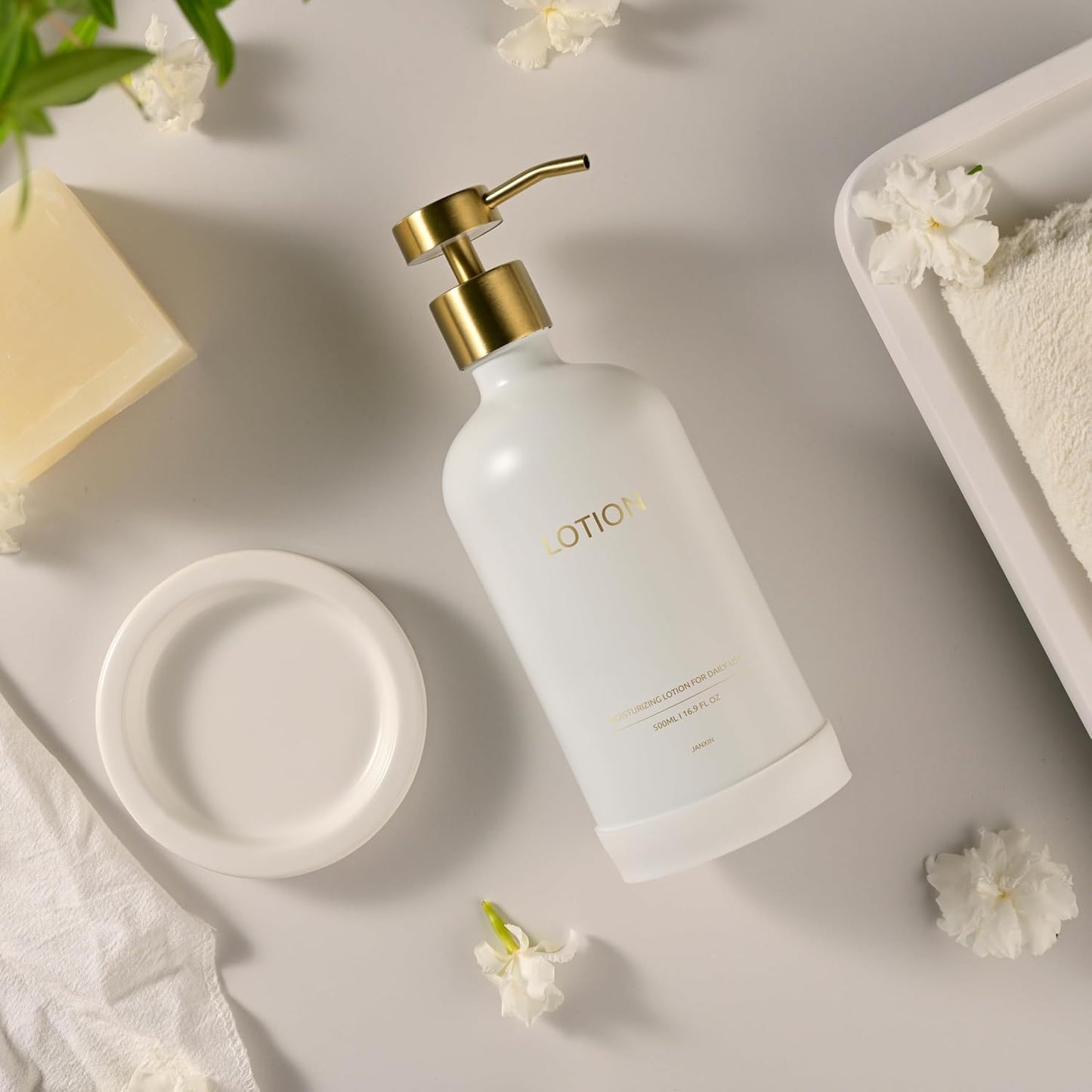 Glass Soap Dispenser Set by Janxin,Bathroom Soap Dispenser Set with Ceramic Tray,Luxury Bathroom Accessories,Modern Kitchen Decor (White+Gold(Lotion))