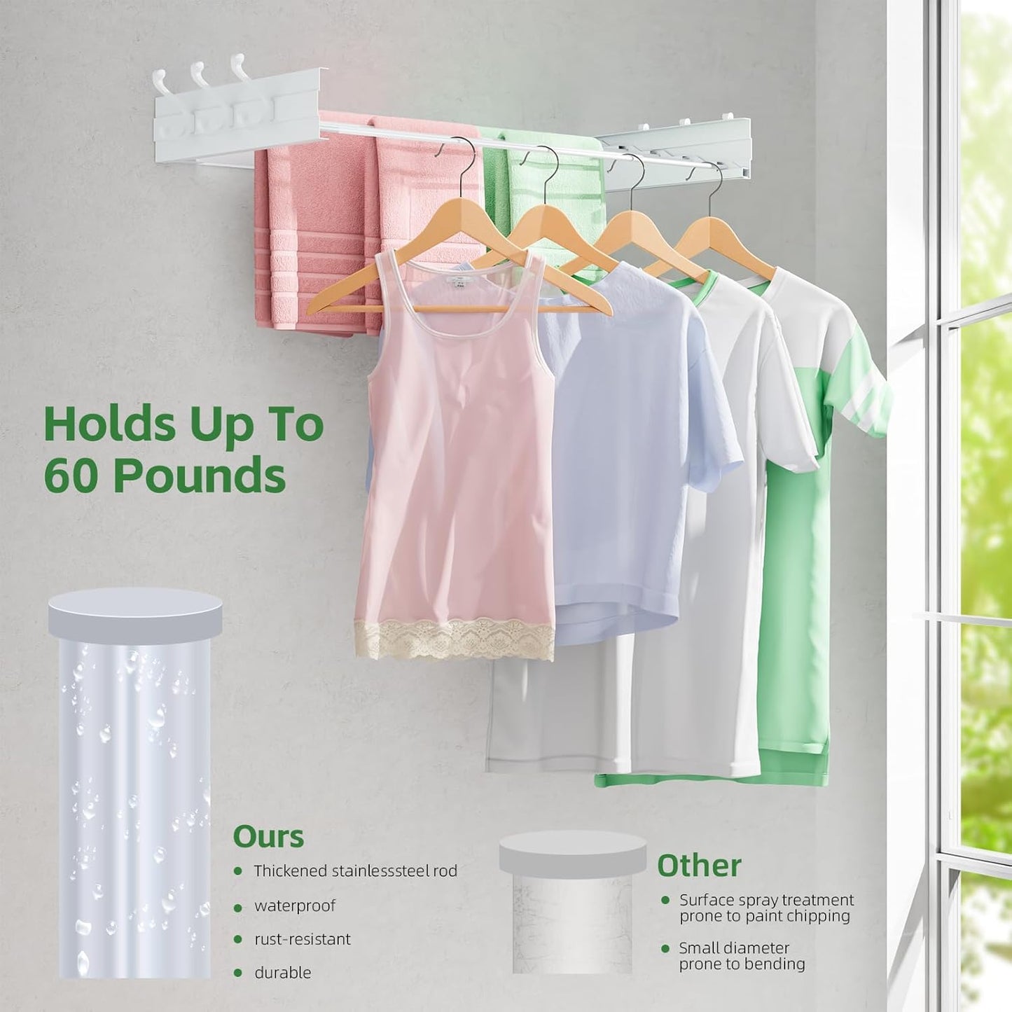 BAKON Clothes Drying Rack Wall Mounted 40", Laundry Clothes Drying Rack Collapsible with 6 Towel Hooks and 5 Rods for Hanging Clothes, Space Saving Laundry Rack for Small Space Bathroom Bedroom(40")