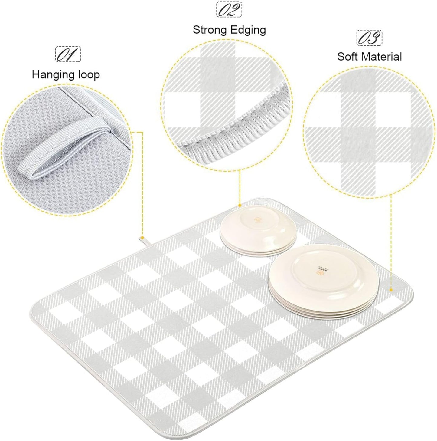 Buffalo Plaid Gray White Dish Drying Mat for Kitchen Countertop 16x18 Chessboard Rectangle Small Drying Mat Reusable Quick Dry Dish Sink Absorbent Mats Dishwasher Easy Clean Decorative Home Essentials