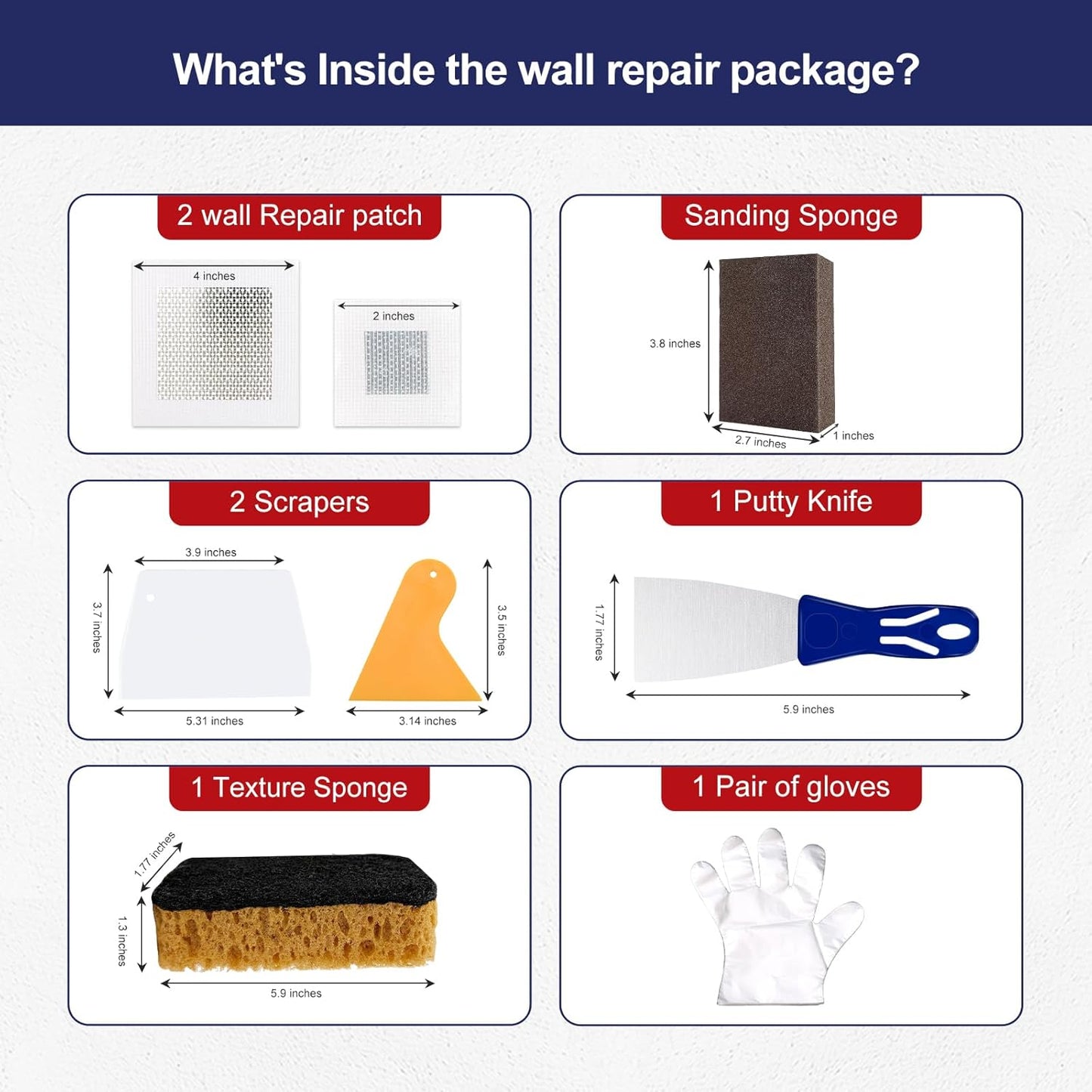 17.2oz Drywall Patch Repair Kit - Professional All-in-1 Tool Set (Scrapers/Sanding Sponge/Texture Sponge/Gloves/ Aluminum Patches/Putty Knife) for Fast Wall Hole Repair