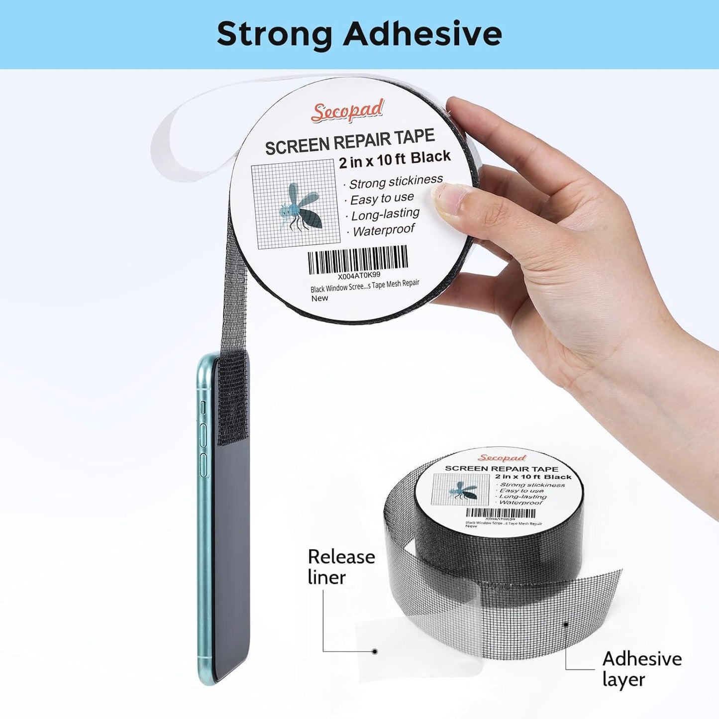 Black Window Screen Repair Tape, 2IN X 10FT Screen Repair Kit for Windows or Doors, Strong Adhesive Fiberglass Mesh Patch Tape