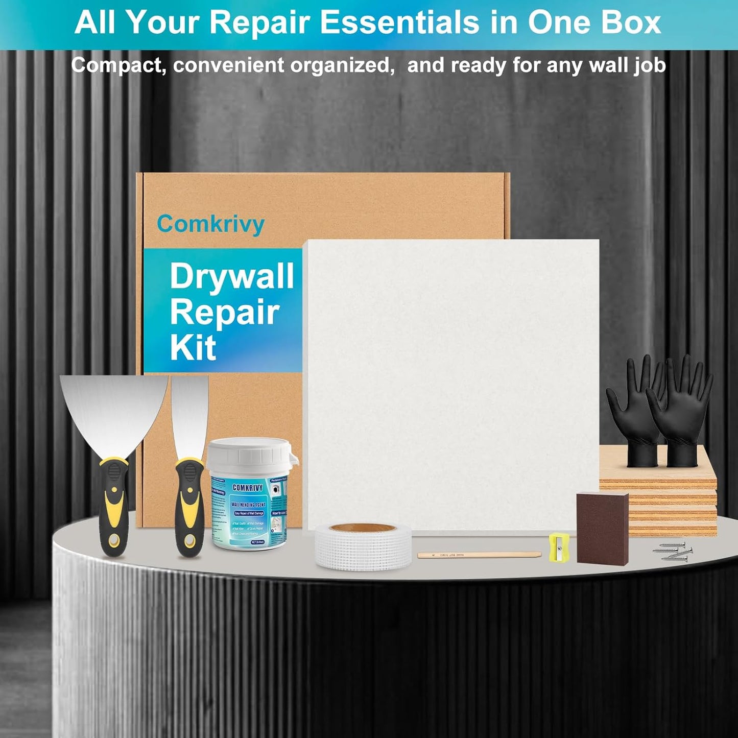 Drywall Repair Kit with 12"x12" Dry Wall Repair Panel, 33-in-One Drywall Patch Kit Wall Patch Repair Kit with Spackle, Mesh Tape, Putty Knives & Sanding Block for Wall Surface Ceiling Large Hole Fill