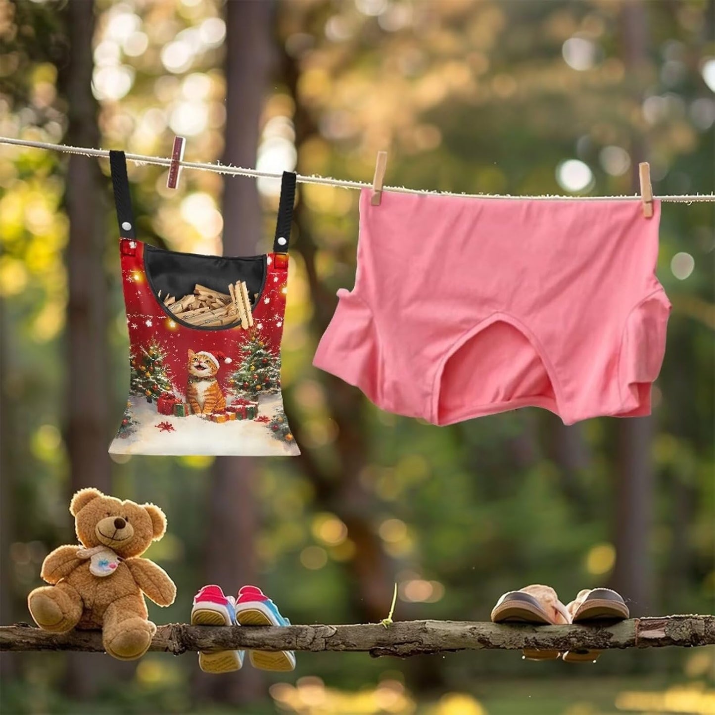 2025 Christmas Cat Waterproof Clothespin Bag with Hanging Rope - 14.5x12 Inch Storage Organizer for Home, Backyard & Camping